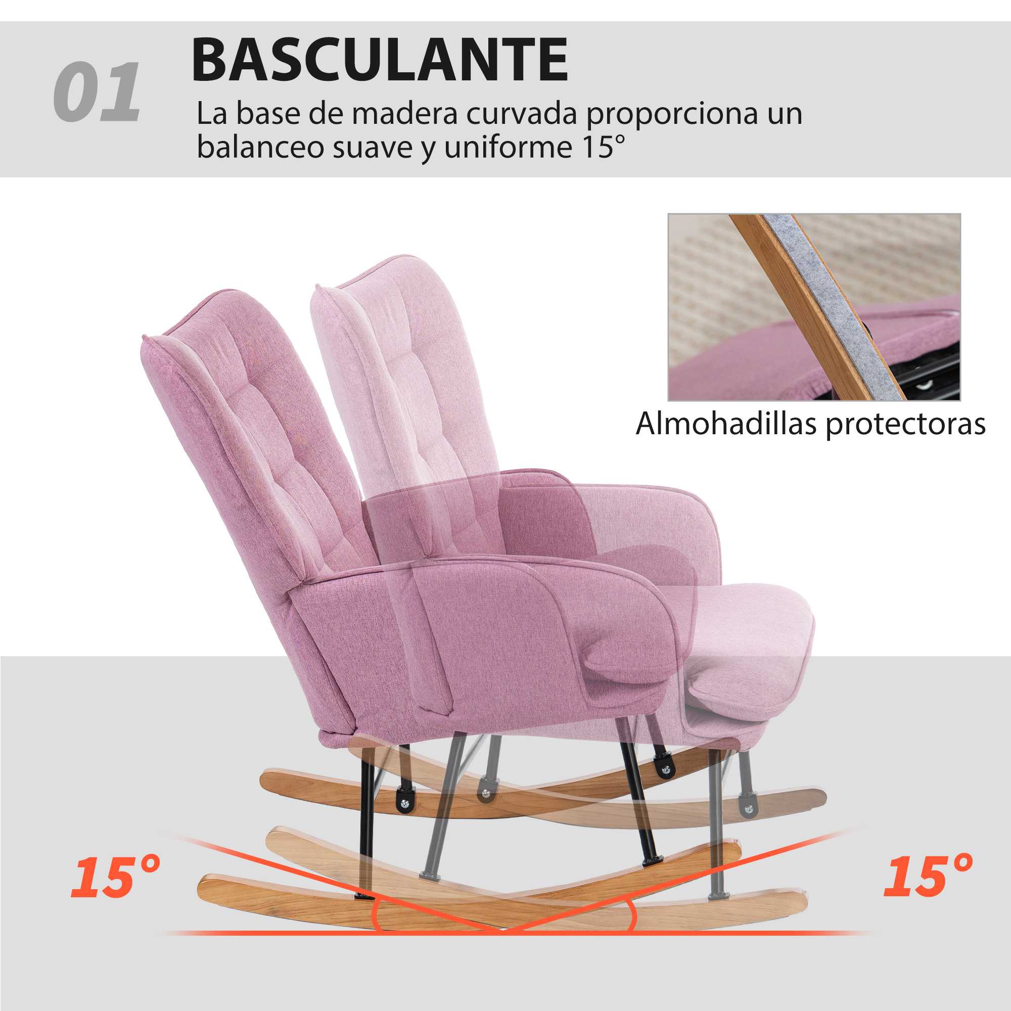 Sillón balancín rosa con base de madera que permite un balanceo suave de 15°.
