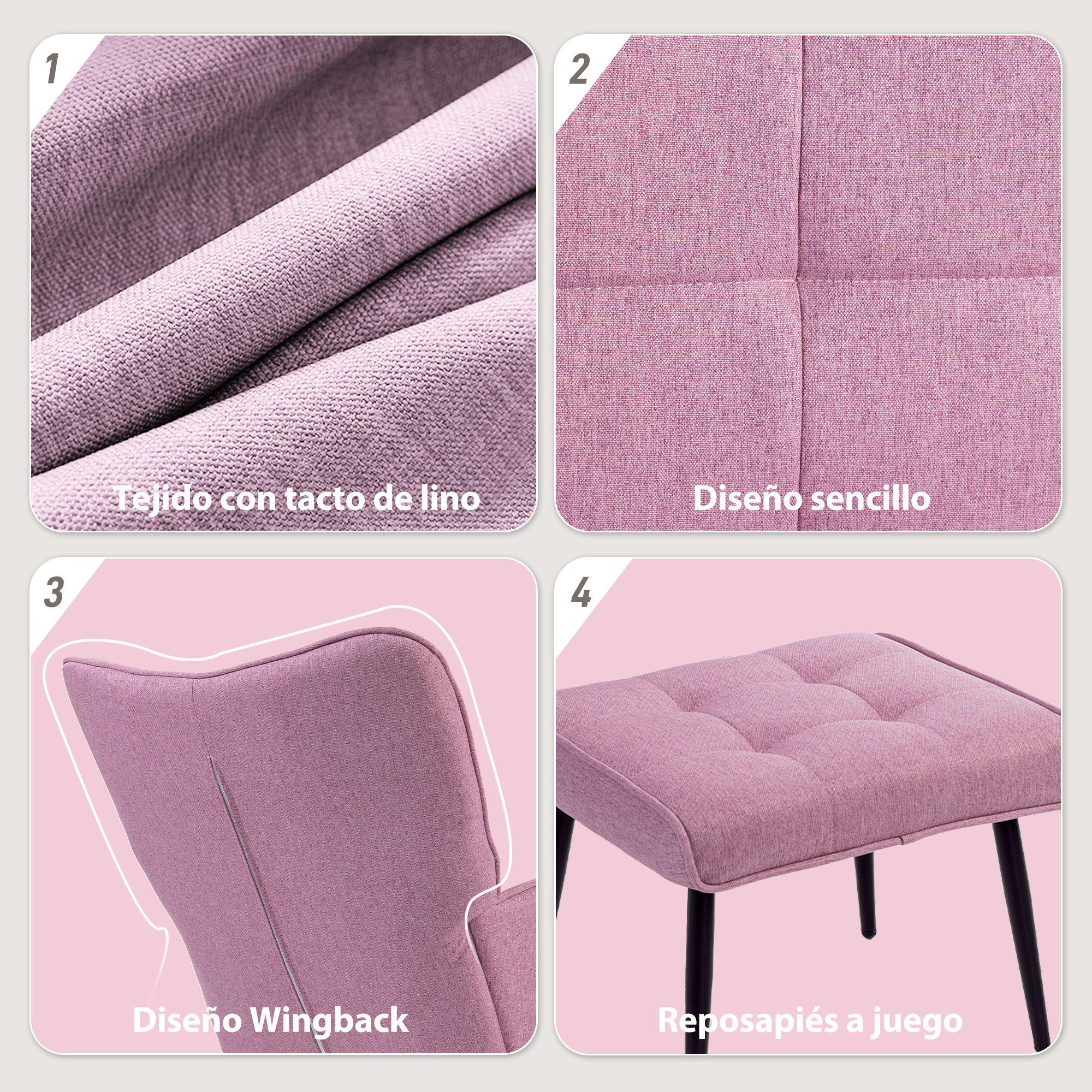 Primer plano de tela texturizada rosa, diseño acolchado, respaldo y reposapiés.