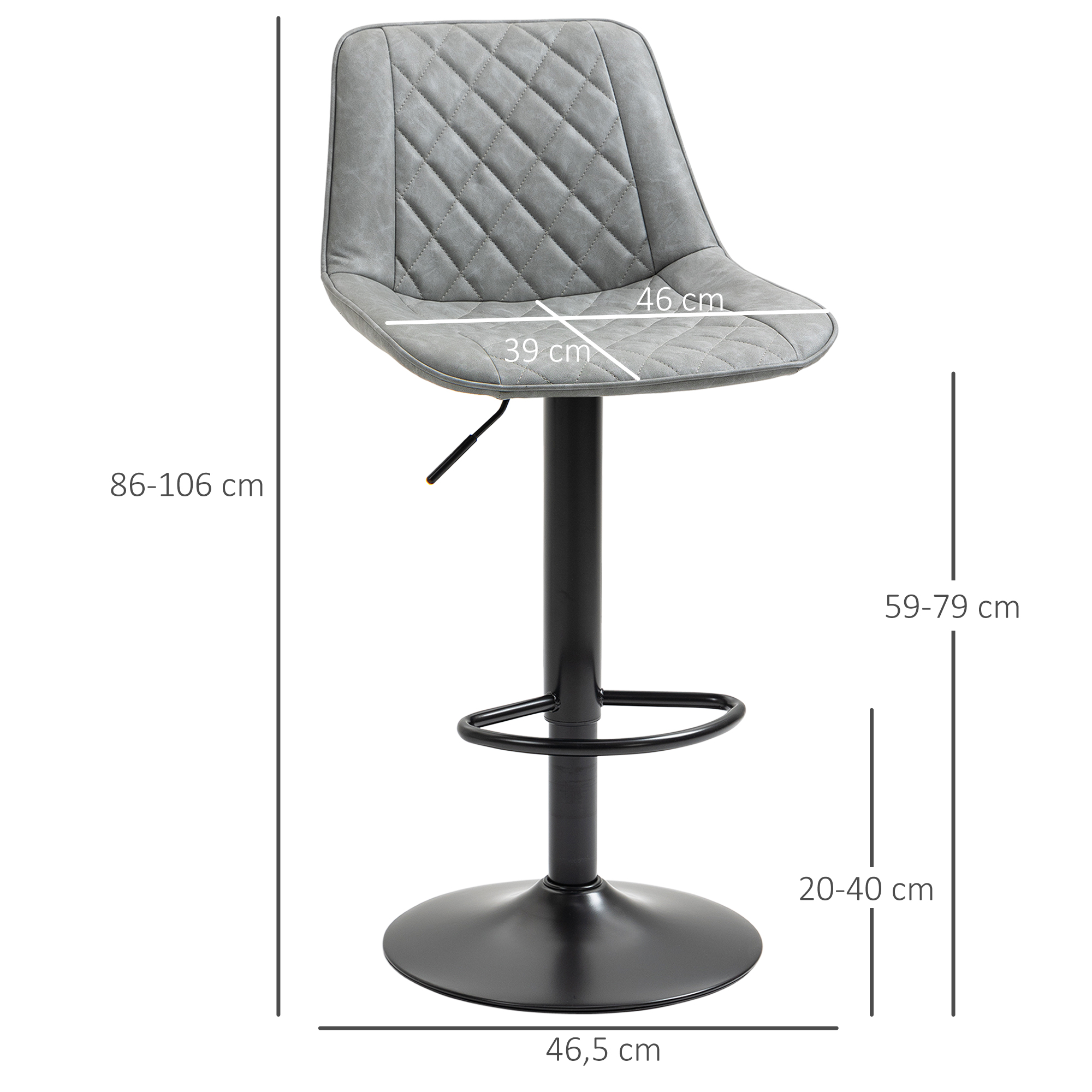 Taburete de bar gris con asiento acolchado, ajustable, con dimensiones.