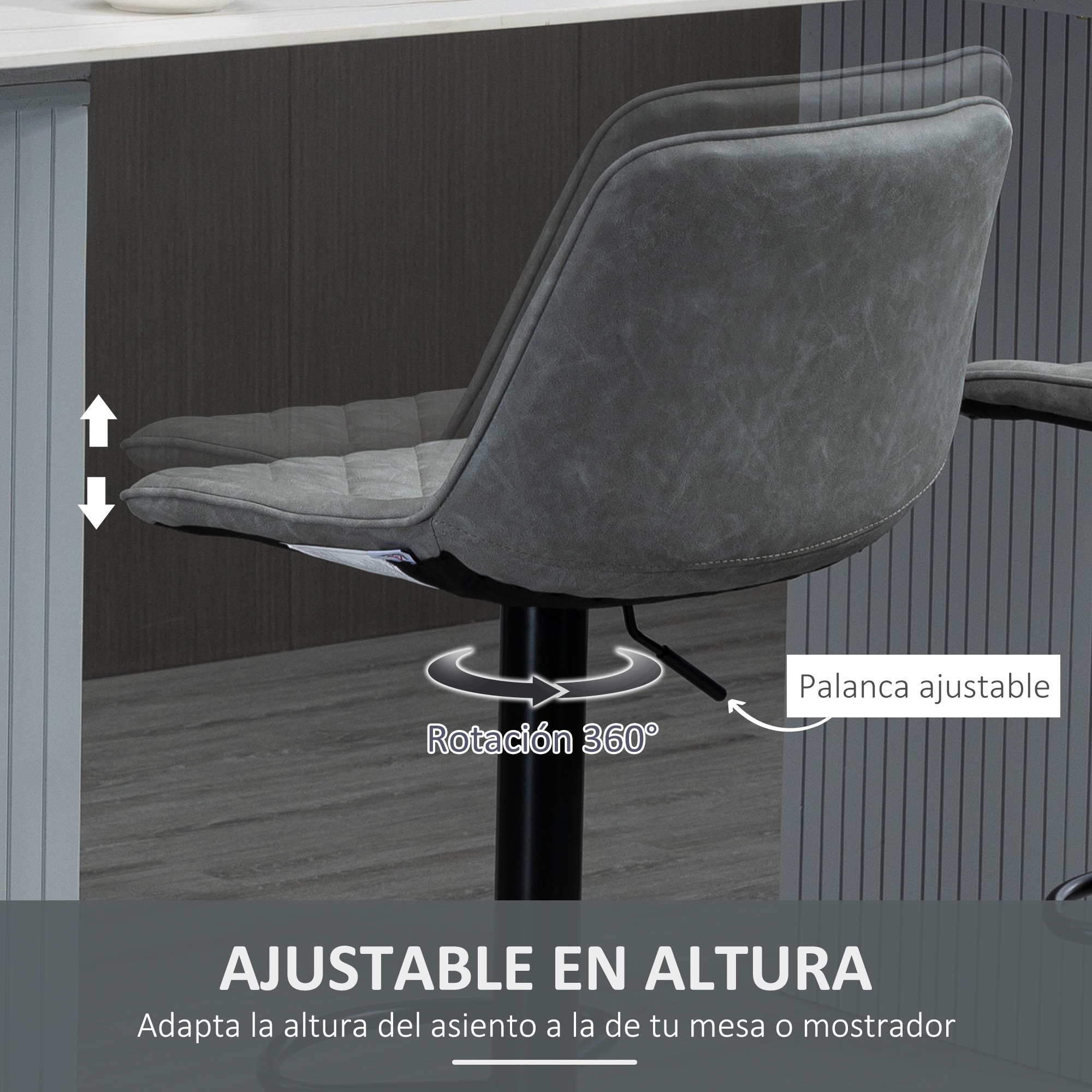 Taburete de bar gris con altura ajustable y rotación 360°.