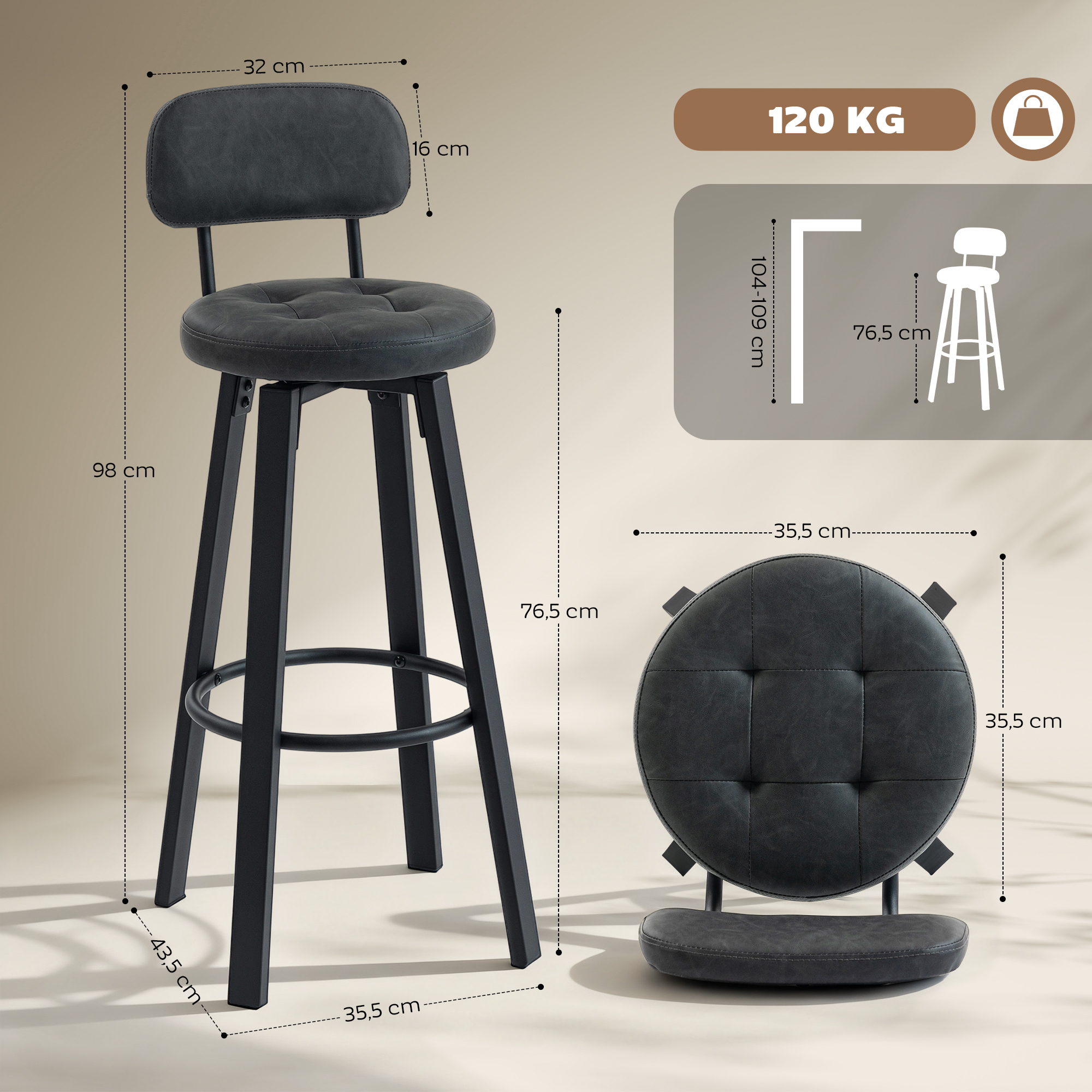 Taburete de bar negro con respaldo y reposapiés, se muestran las dimensiones.