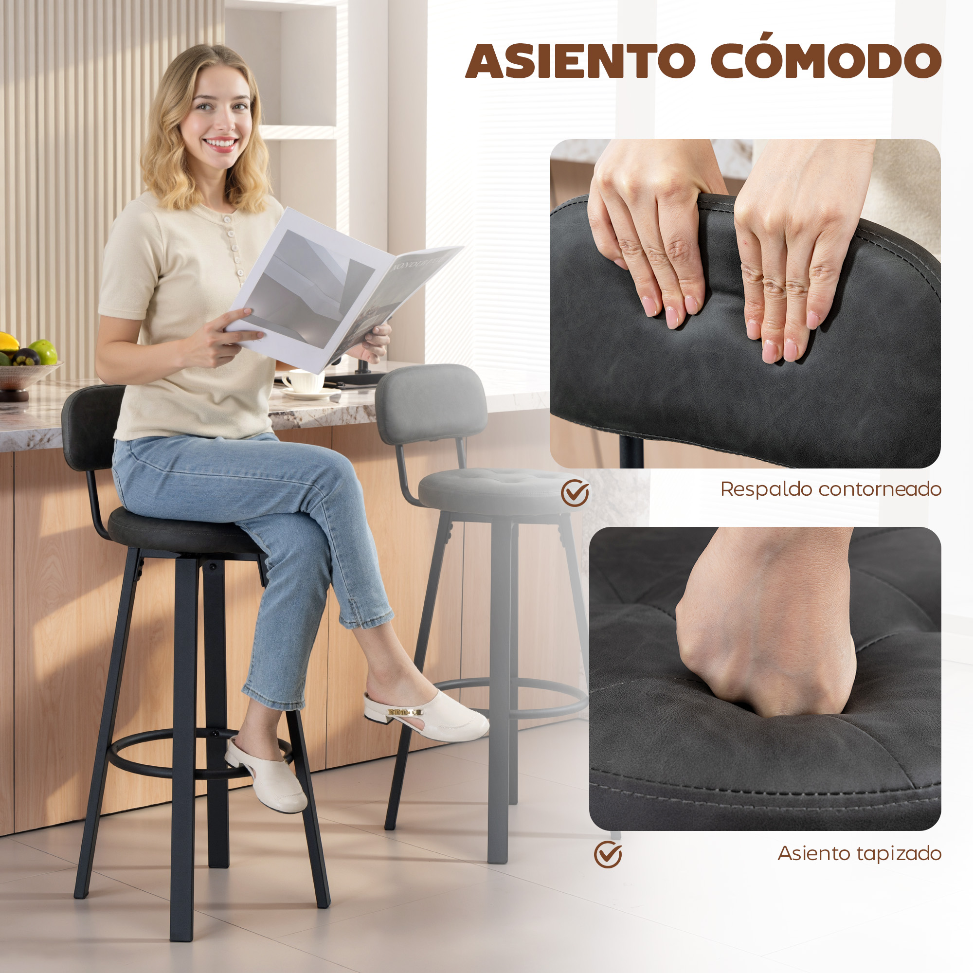 Una mujer sentada en un taburete de bar lee una revista. Primeros planos del asiento y el respaldo.
