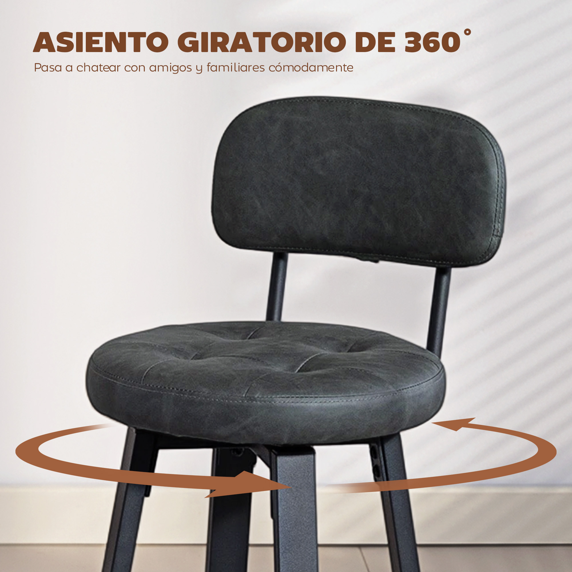 Un taburete giratorio tapizado oscuro con patas metálicas y respaldo.