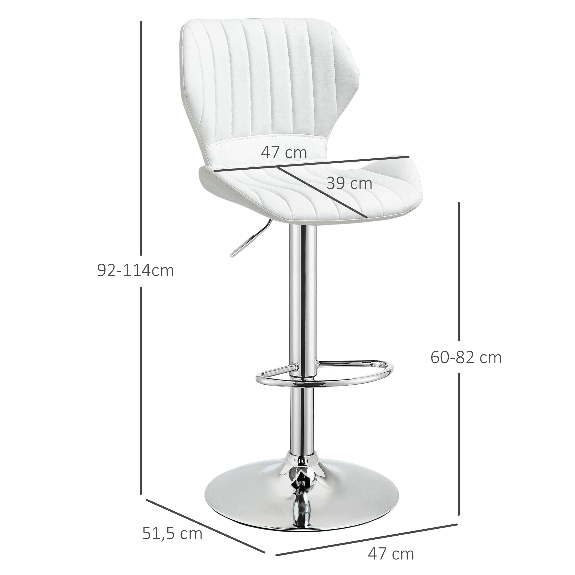 Taburete de bar blanco con base cromada. Altura ajustable, dimensiones mostradas.