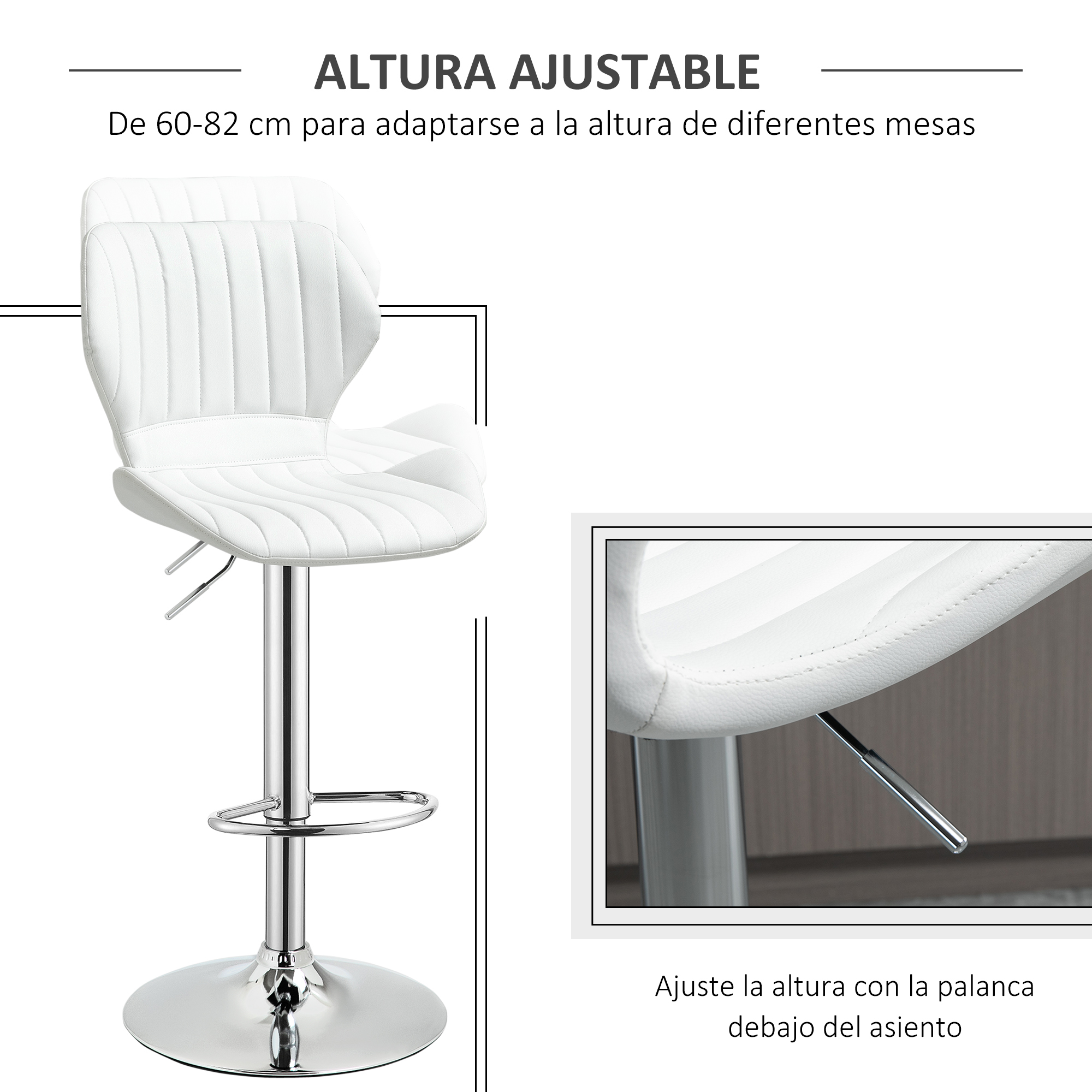 Taburete blanco ajustable en altura con base cromada. Primer plano de la palanca.