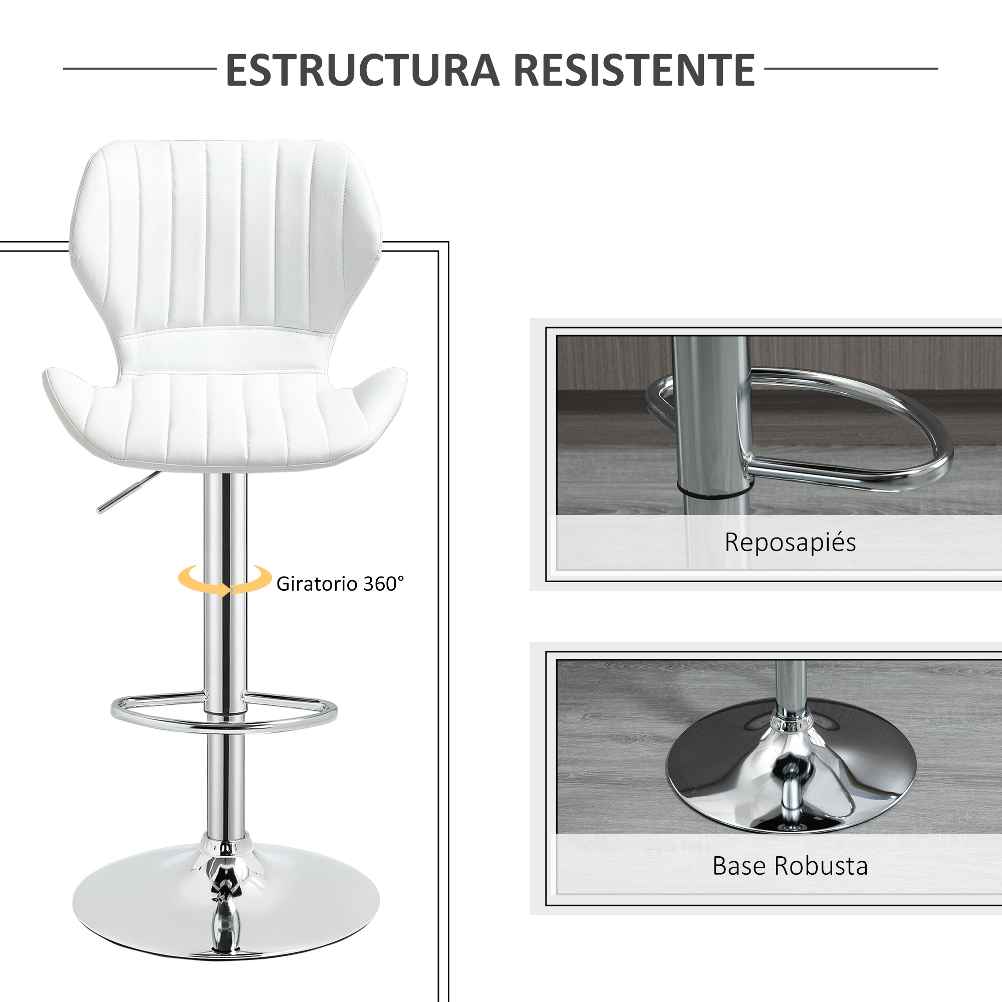 Un taburete de bar blanco con poste cromado, reposapiés y base redonda.