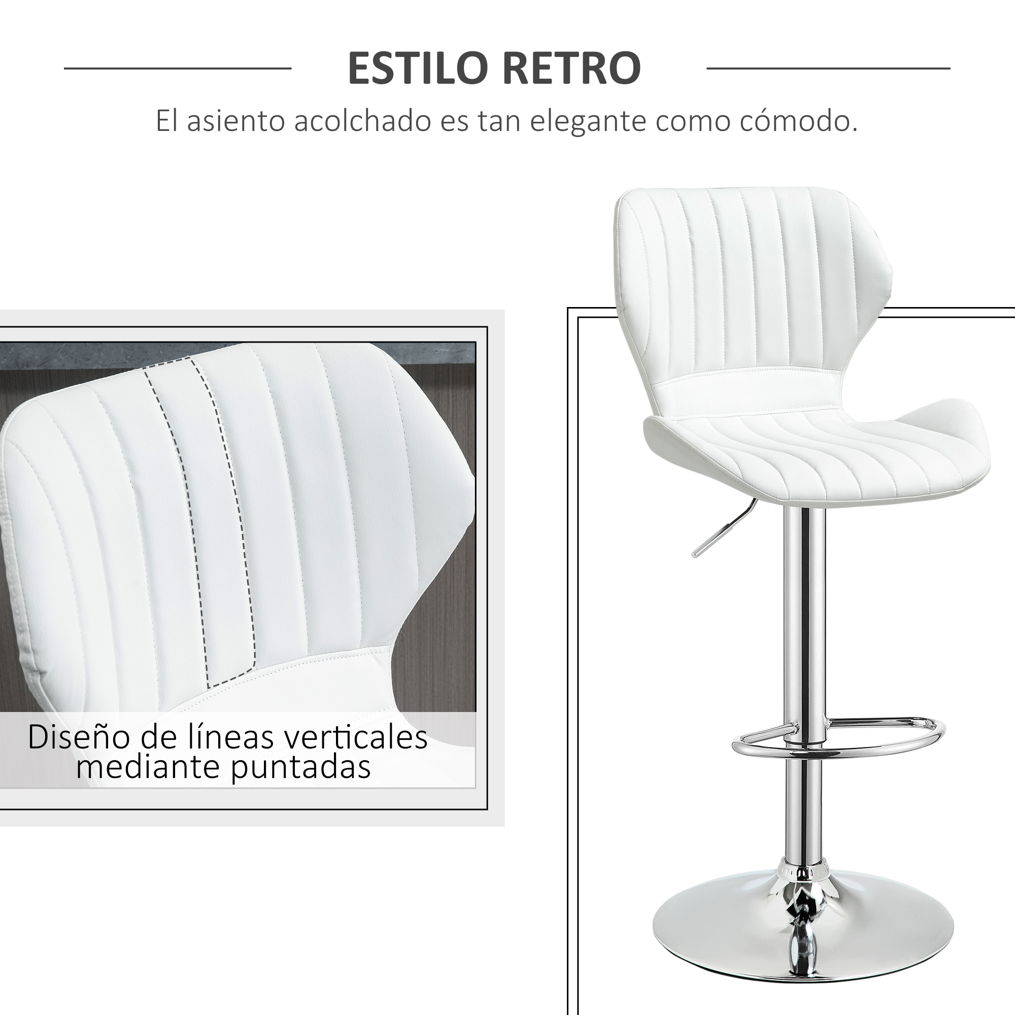 Un taburete de bar blanco con costuras verticales y base cromada.