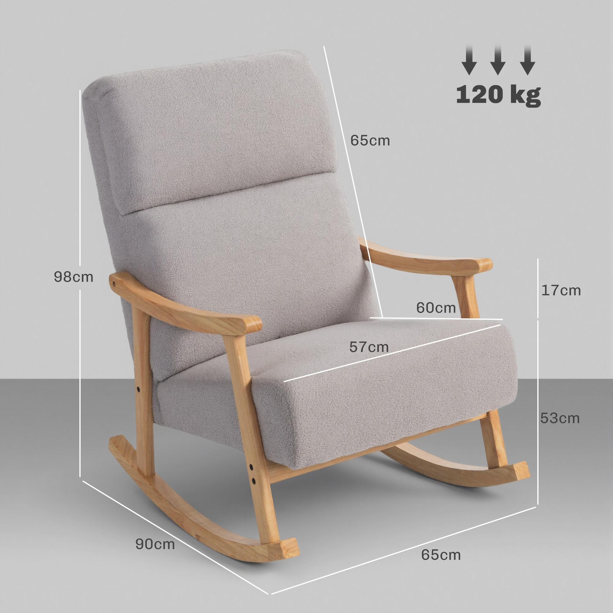 Silla mecedora gris con marco de madera, se indican dimensiones.