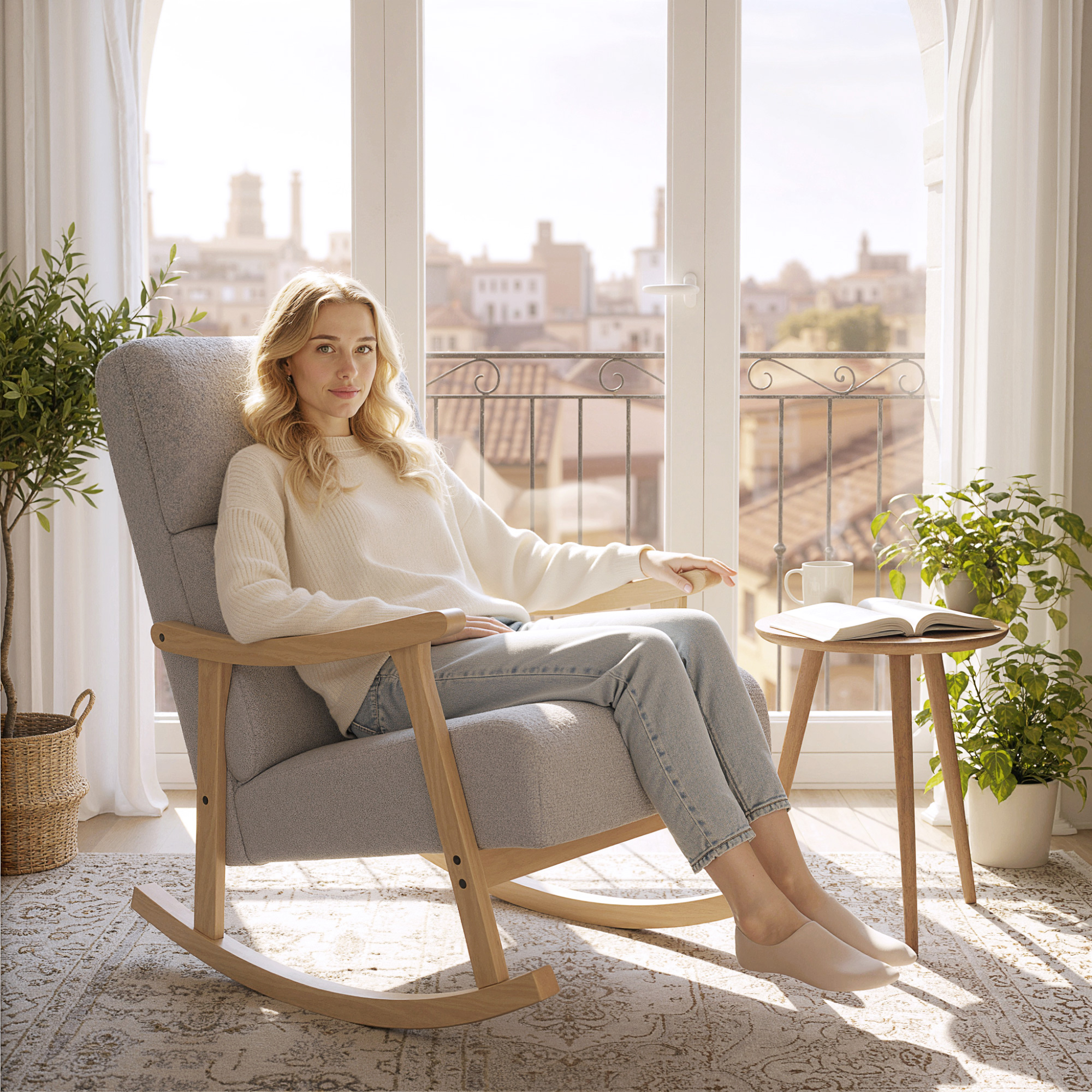 Mujer sentada en una mecedora junto a la ventana con vistas a una ciudad.