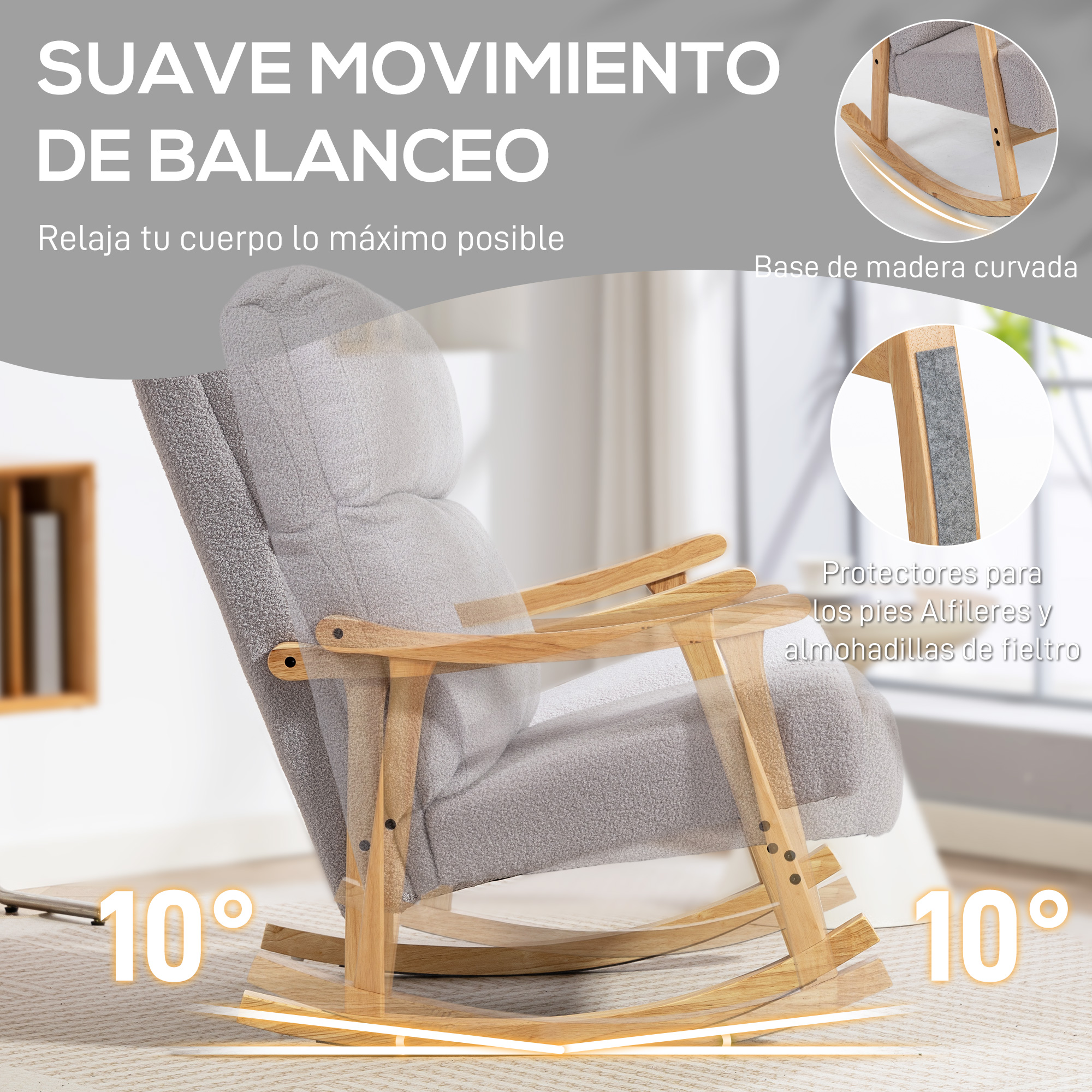 Sillón mecedora gris con marco de madera y pies de fieltro, inclinación 10 grados.