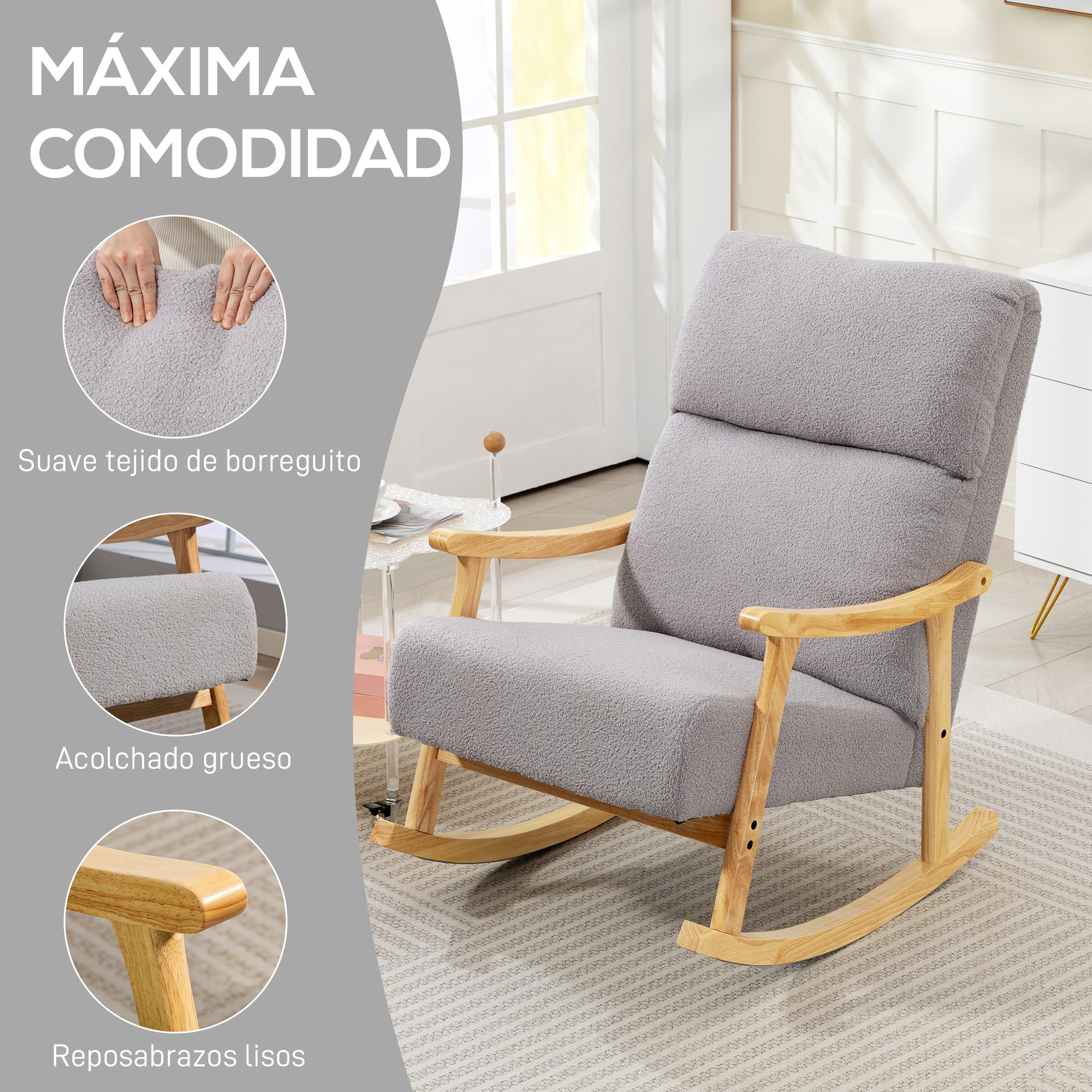 Sillón balancín gris con tejido de peluche, acolchado grueso y reposabrazos.
