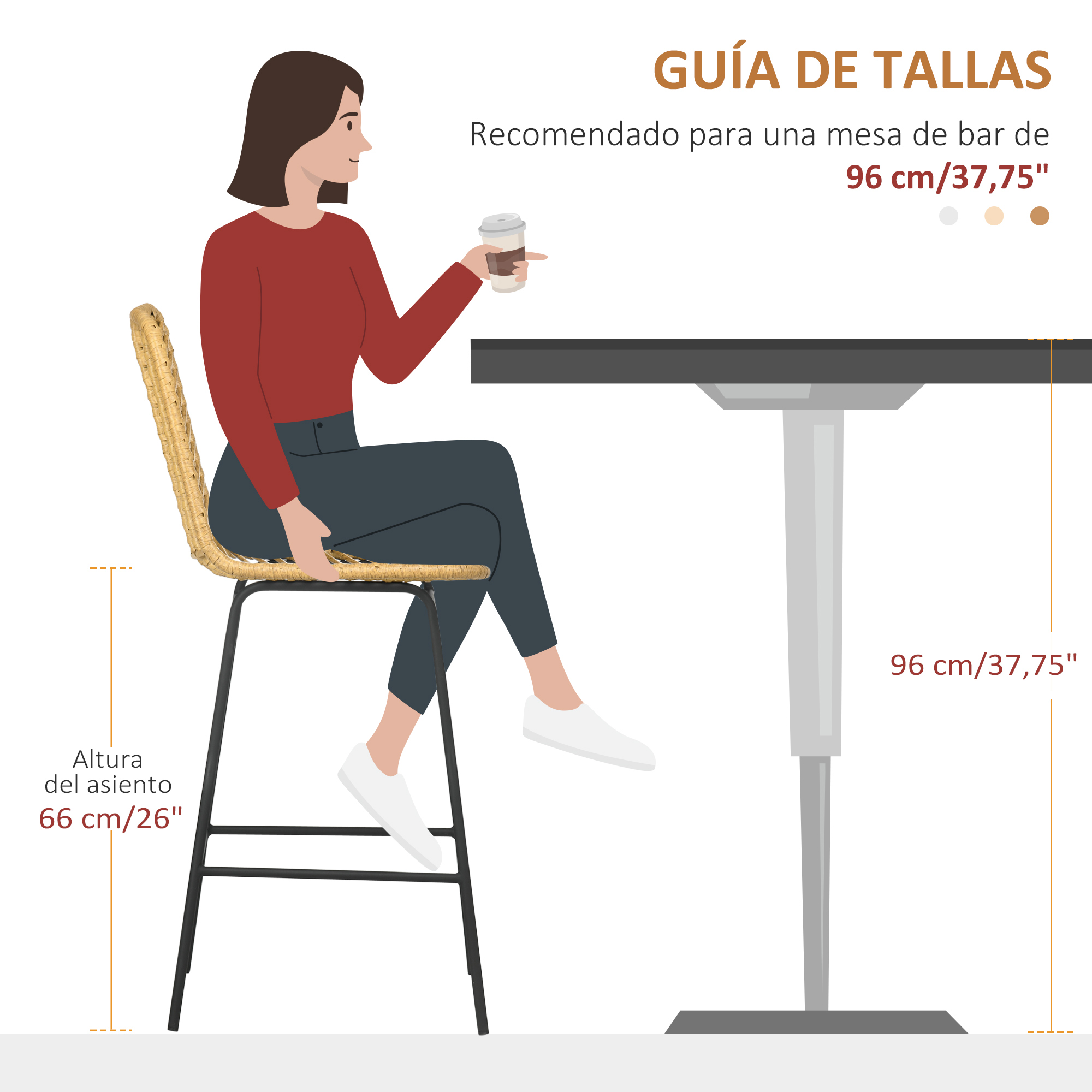 Una mujer se sienta en un taburete junto a una mesa. Altura asiento 66cm, altura mesa 96cm.