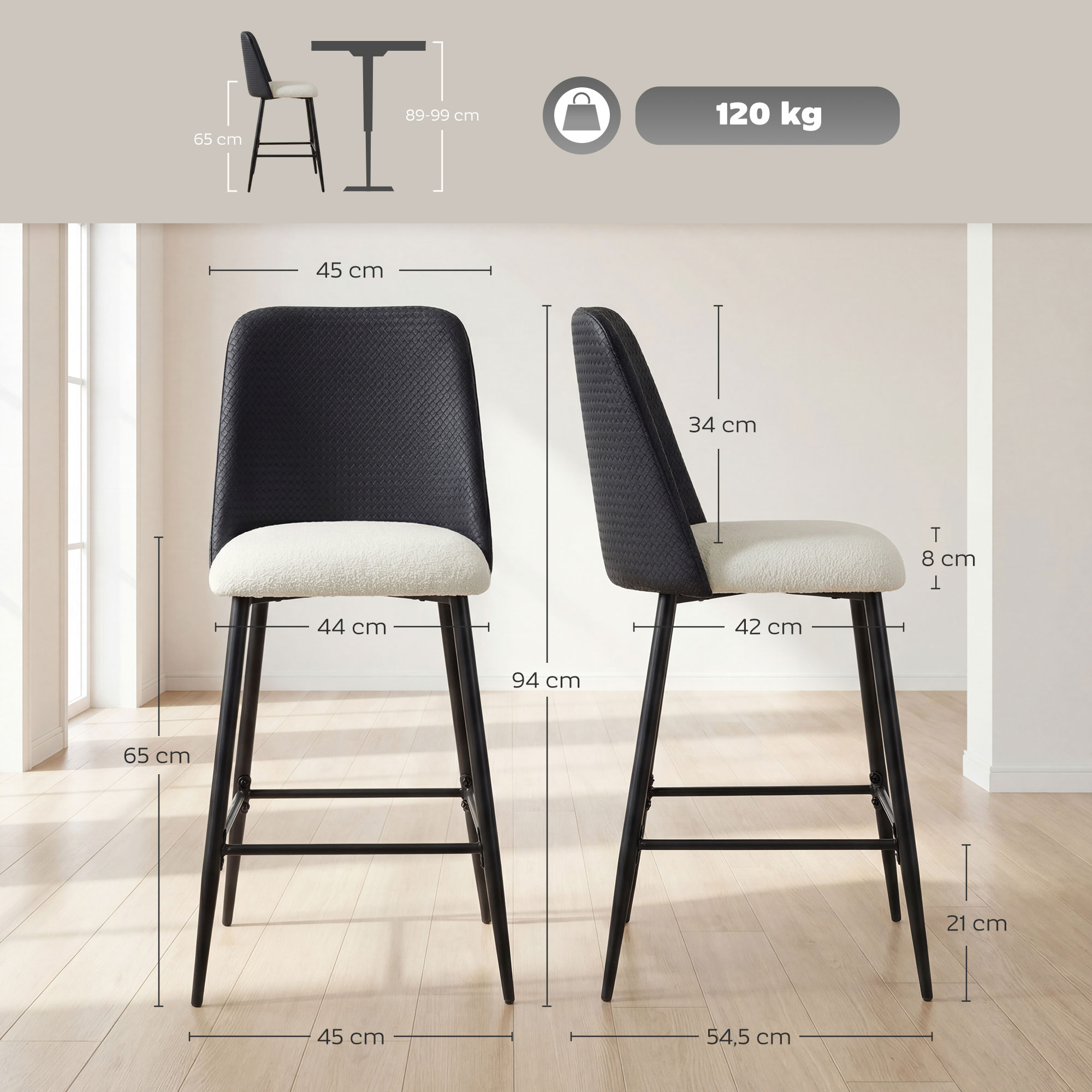 Dimensiones de taburete de bar negro con asiento crema. Carga máx. 120 kg.