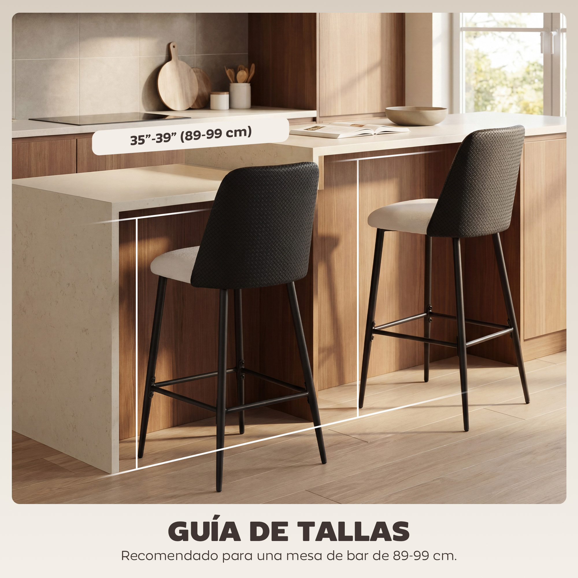 Dos taburetes de bar frente a una barra de cocina con indicador de tamaño 35-39 pulgadas.