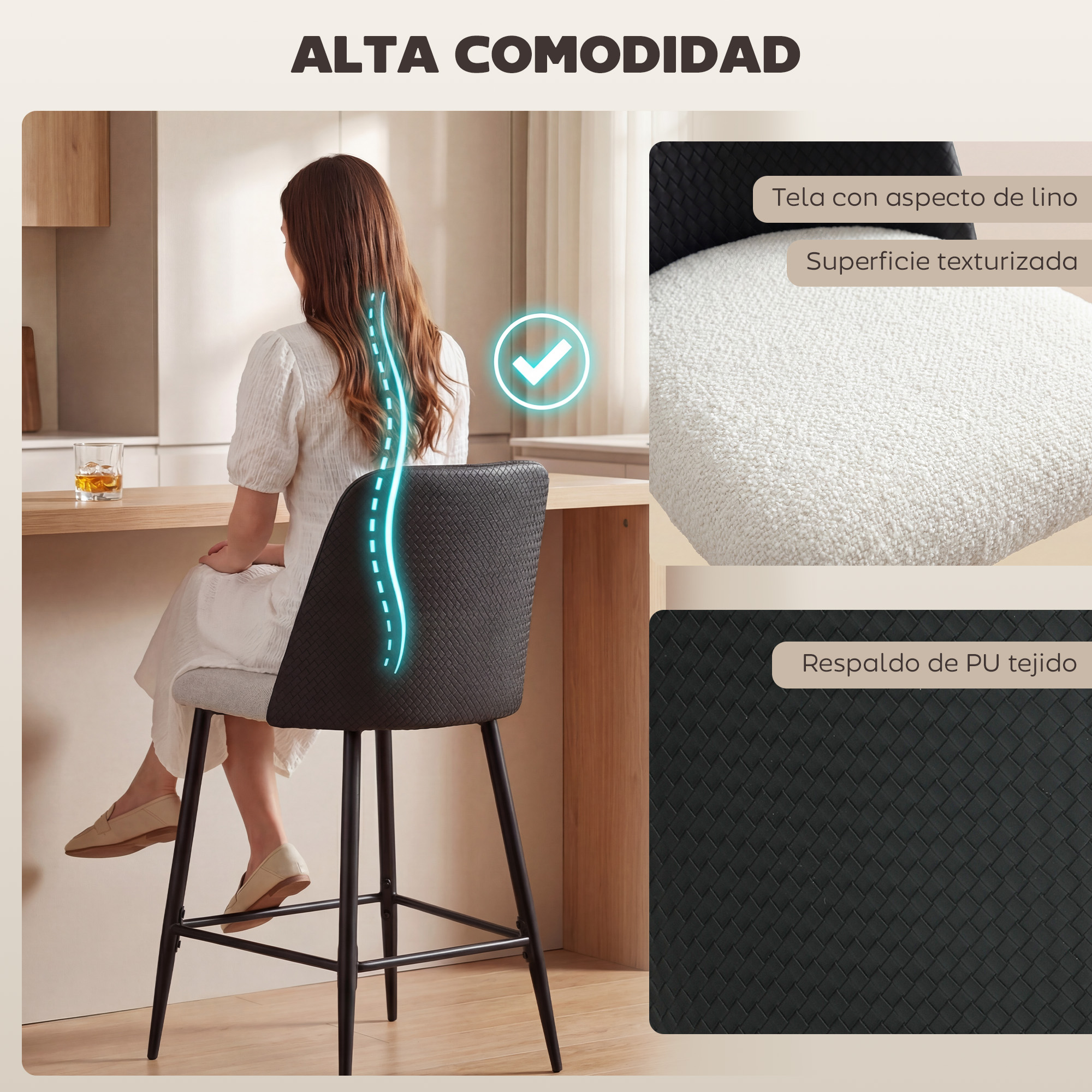 Mujer sentada en taburete alto con gráfico de soporte de columna iluminado.