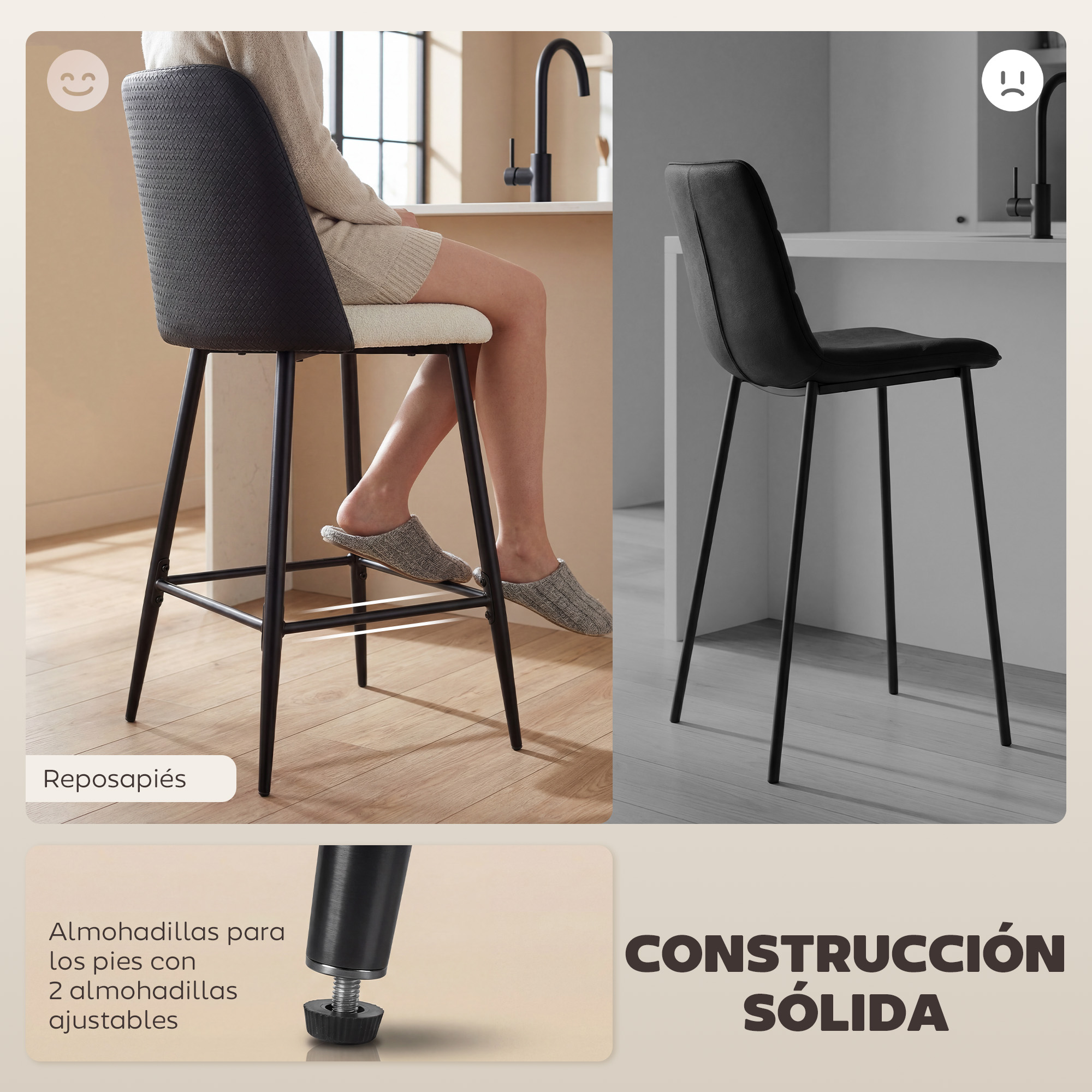 Un taburete de bar moderno con asiento negro y patas metálicas.