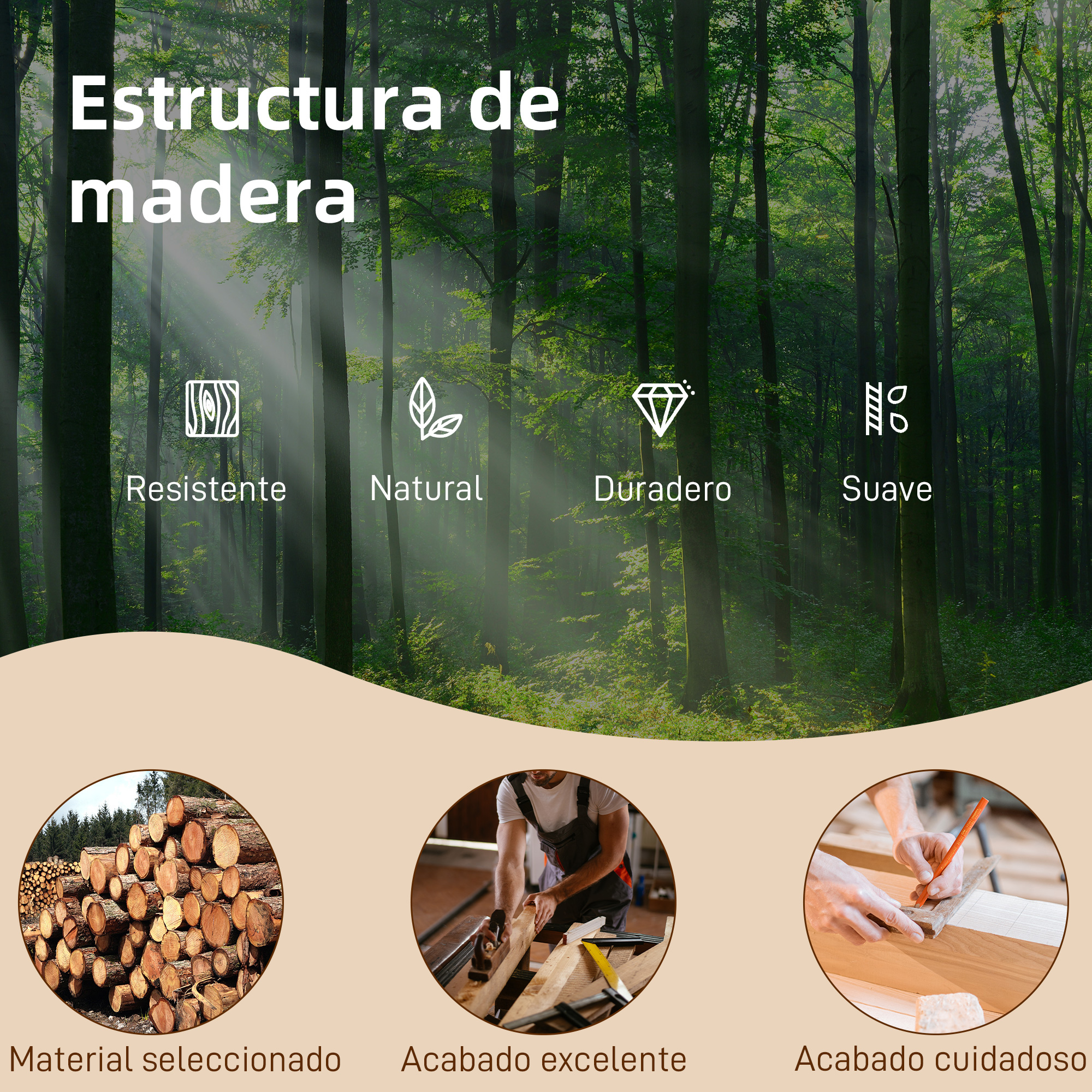Estructura de madera: resistente, natural, duradero, suave. Leña, carpintero trabajando, acabado cuidadoso.