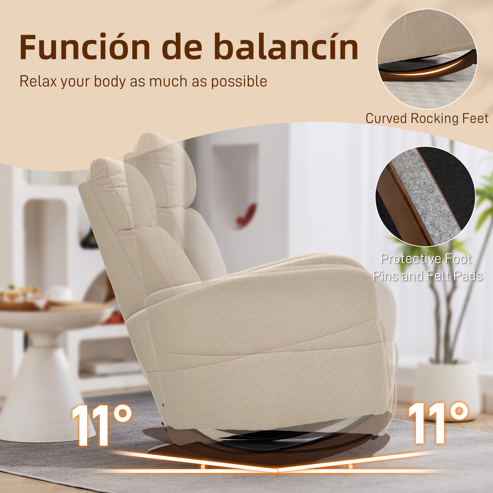 Un sillón balancín beige inclinado 11 grados, con pies curvos.