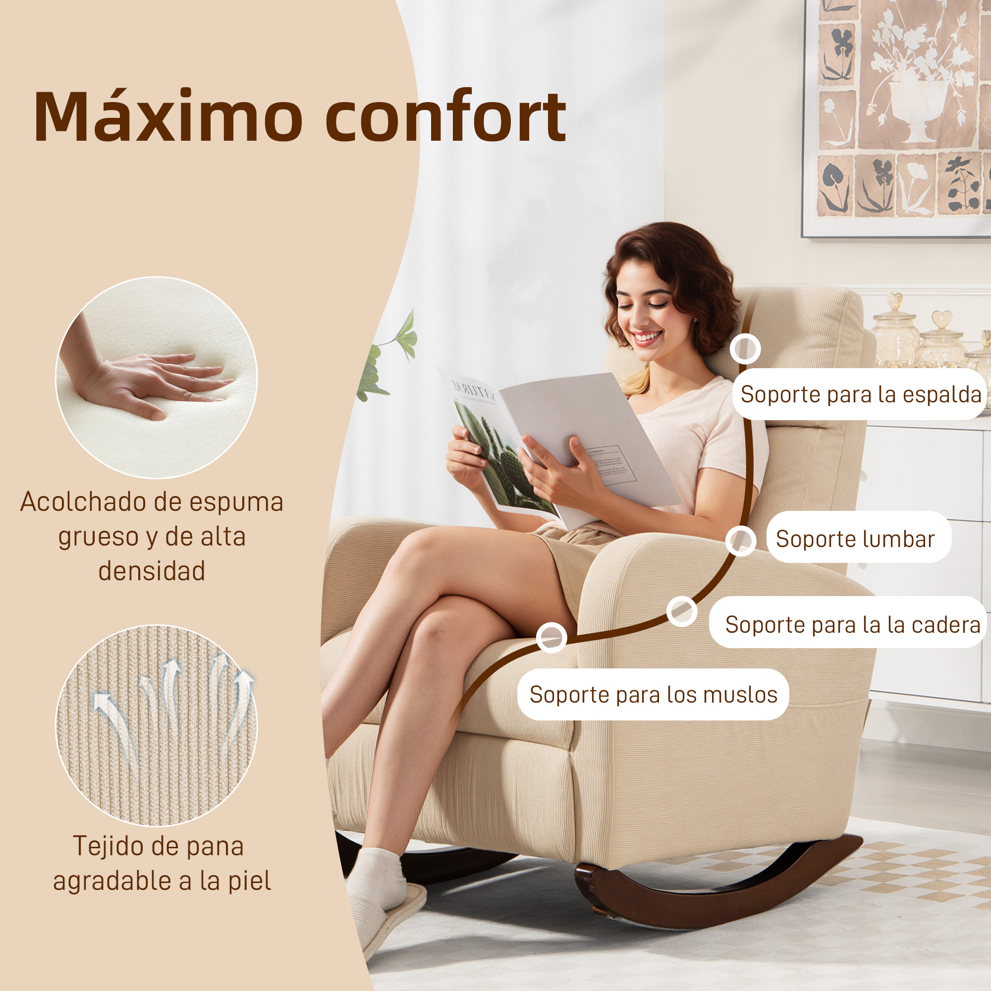Mujer lee un libro en un sillón mecedora beige con acolchado de espuma.
