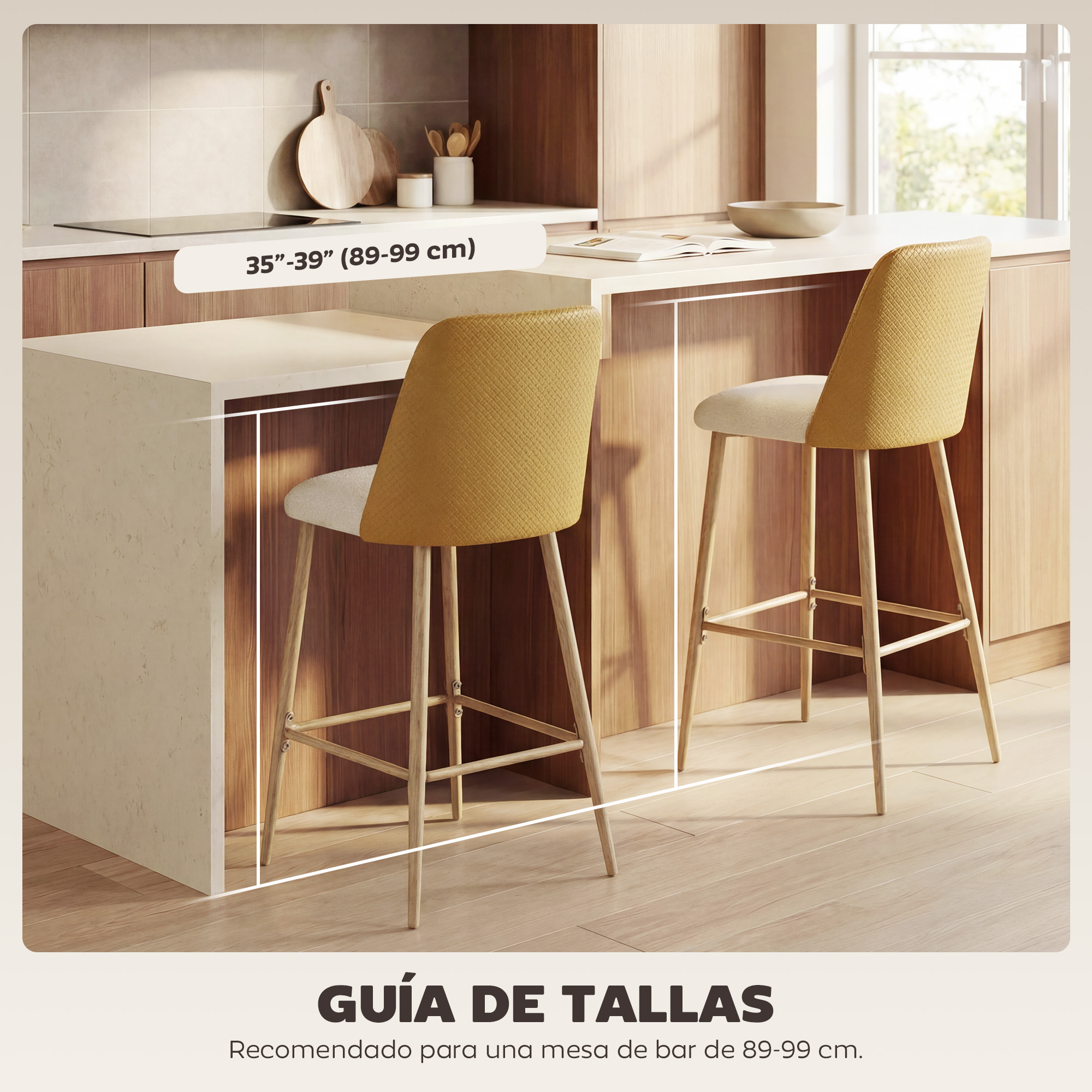 Dos taburetes de bar amarillos frente a una encimera de cocina con gabinetes.