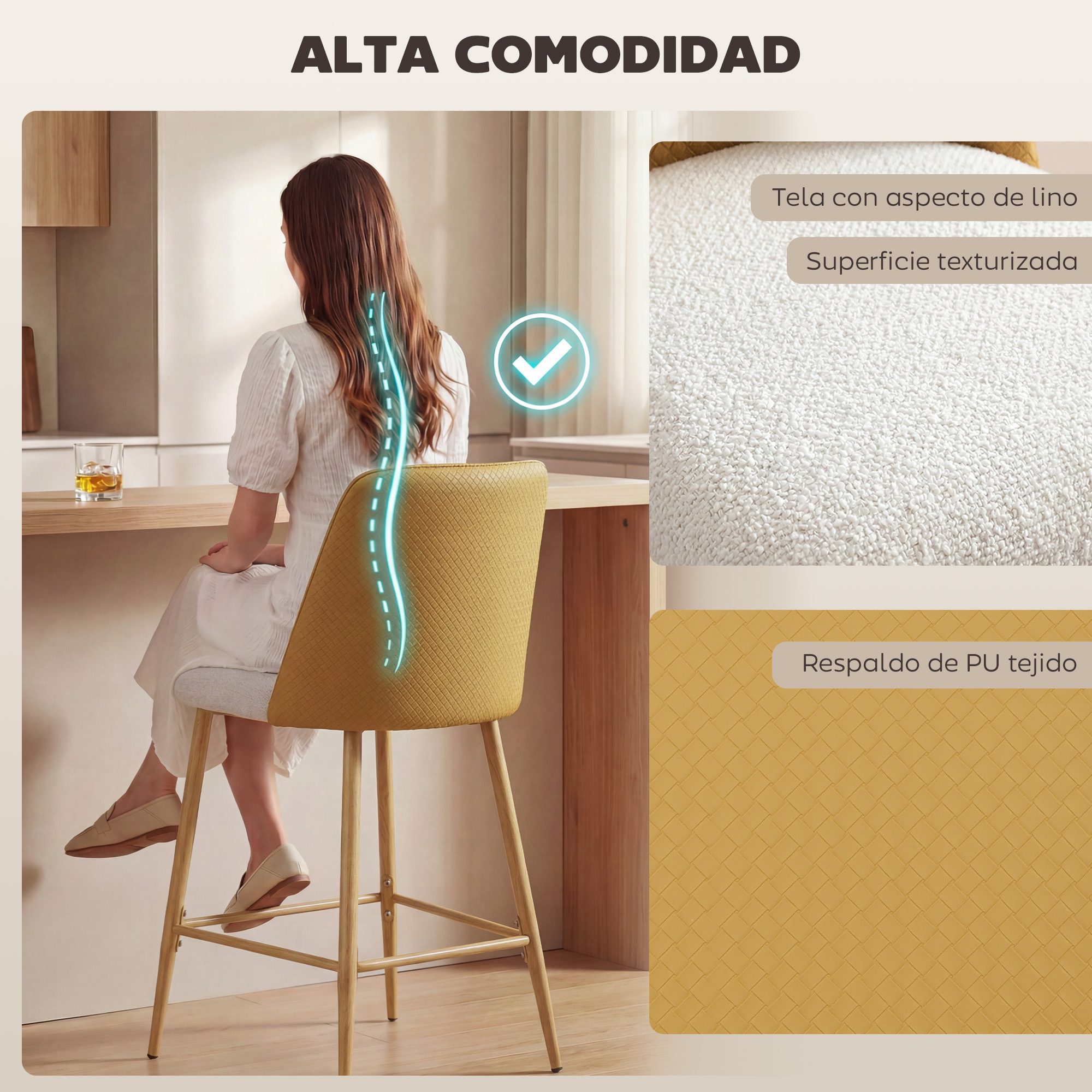 Mujer sentada en silla amarilla cerca de mesa con bebida. Primeros planos de texturas.