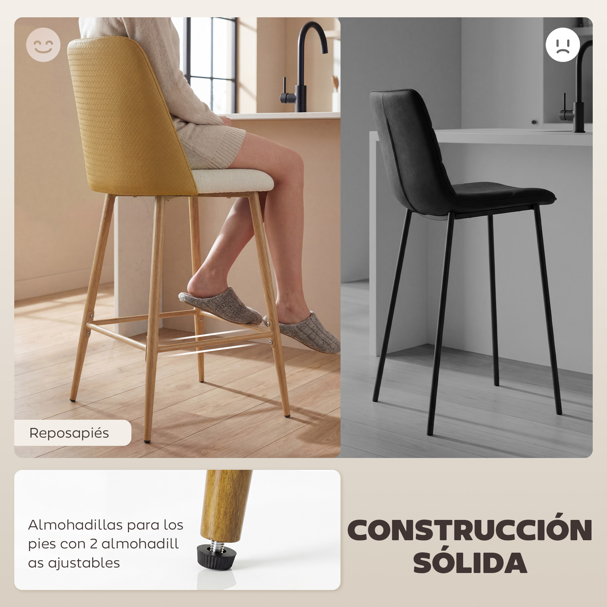 Dos taburetes: uno amarillo-blanco con pies en la barra, uno negro.