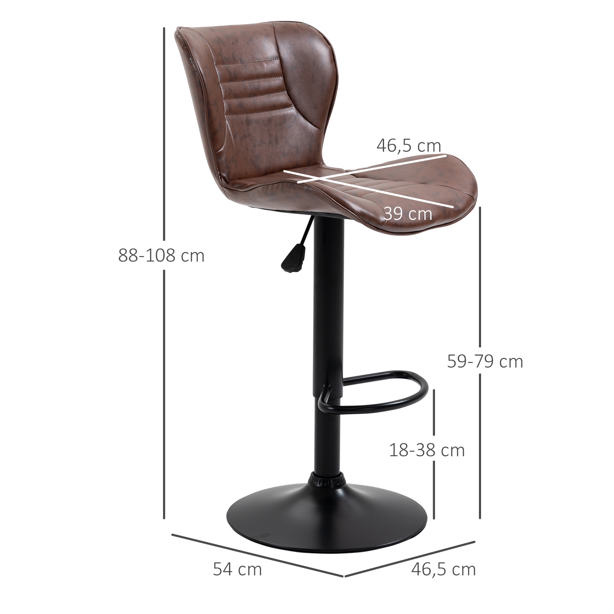 Taburete de bar marrón con base metálica negra y dimensiones.