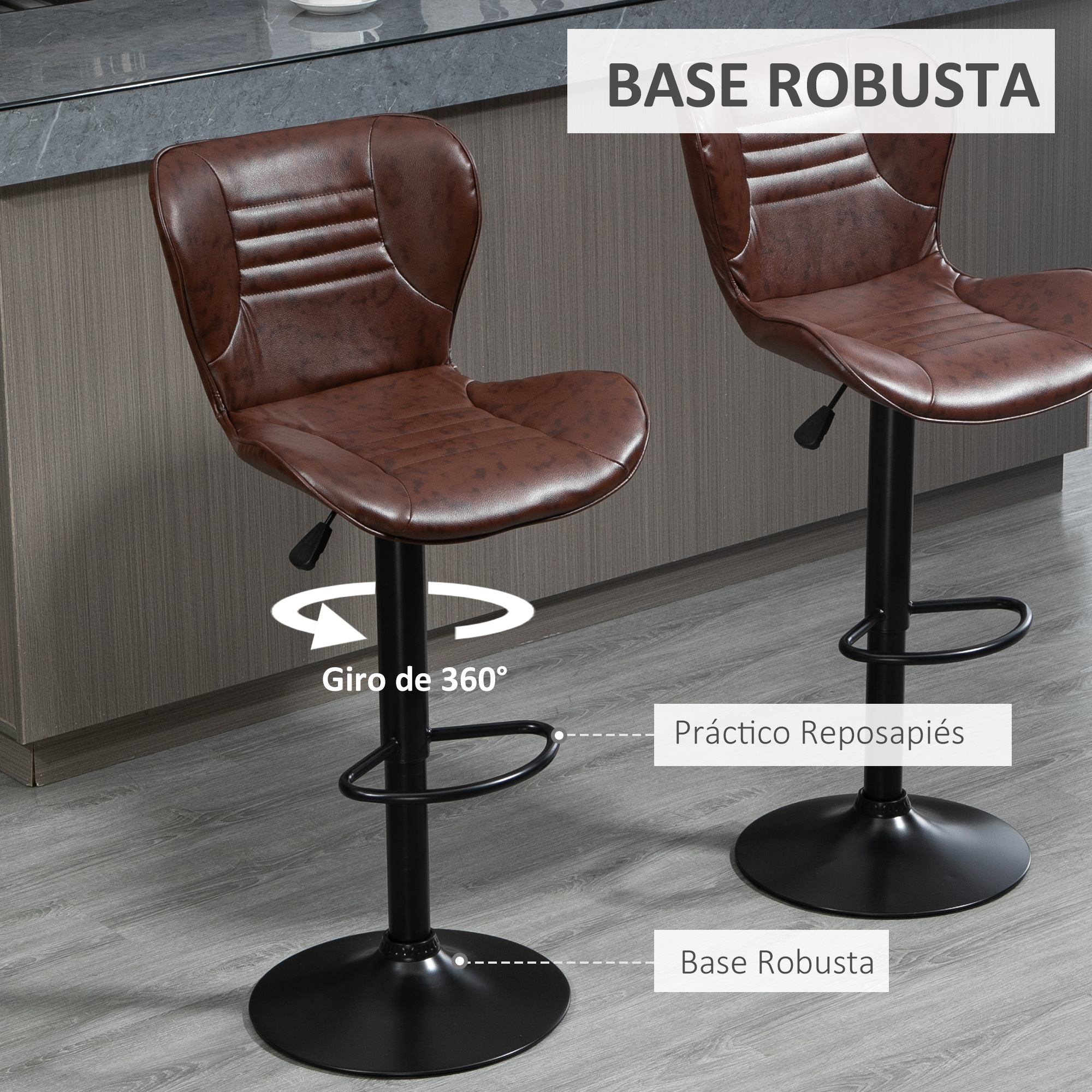 Taburete de bar marrón con base negra, altura regulable y giro 360°.