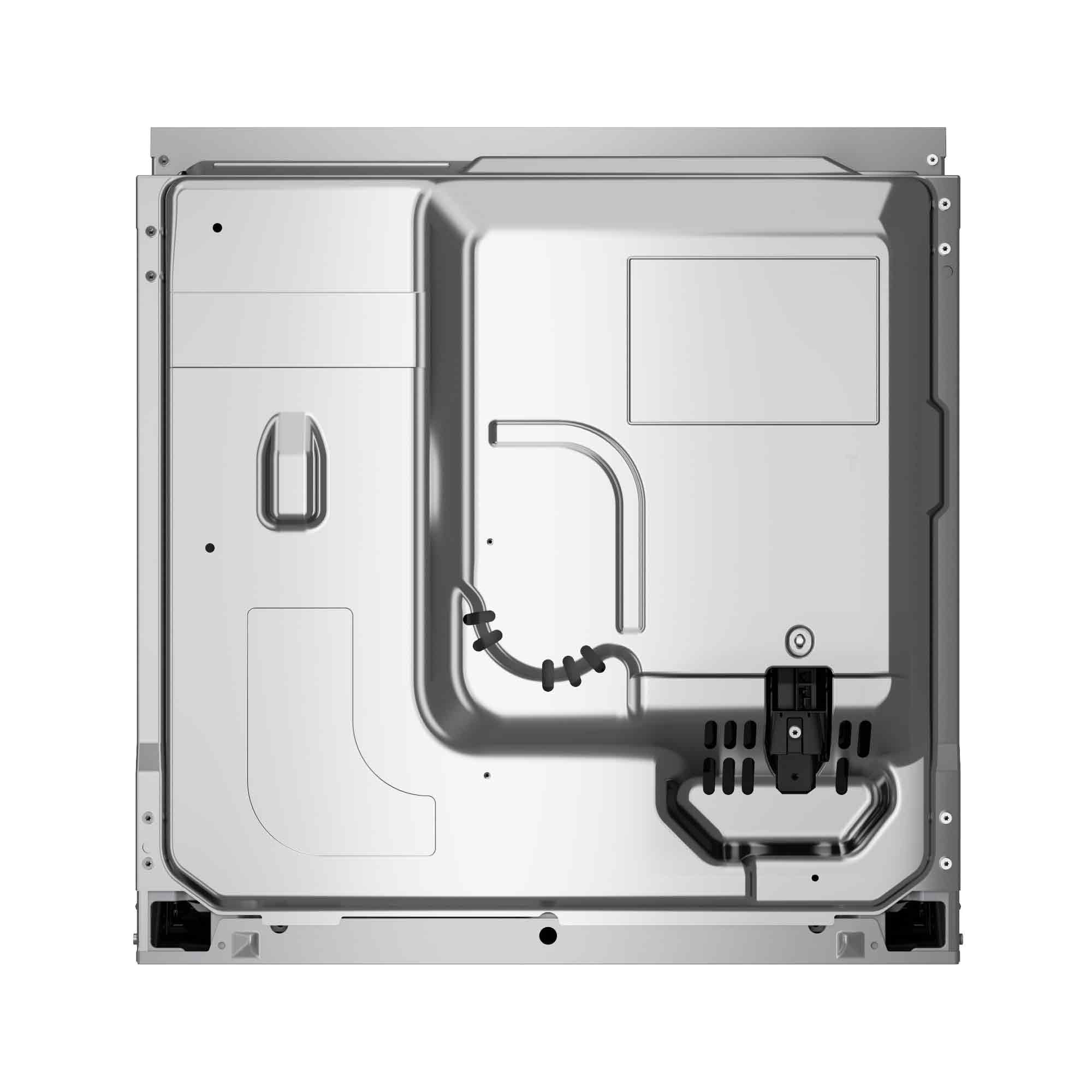 Achterkant van een metalen apparaat met kabelbinders en connectoren.
