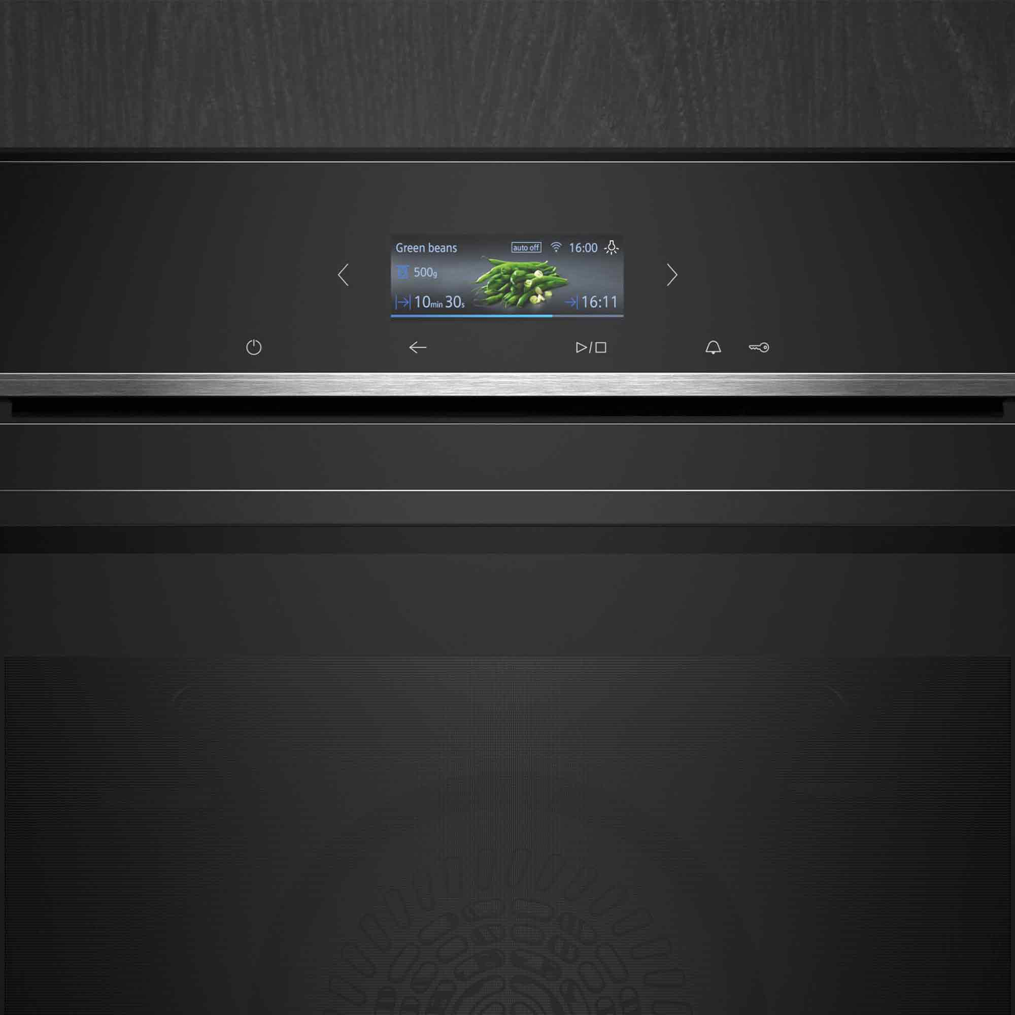 Oven display toont sperziebonen, 500g, 10 min 30 sec kooktijd, om 16:11.