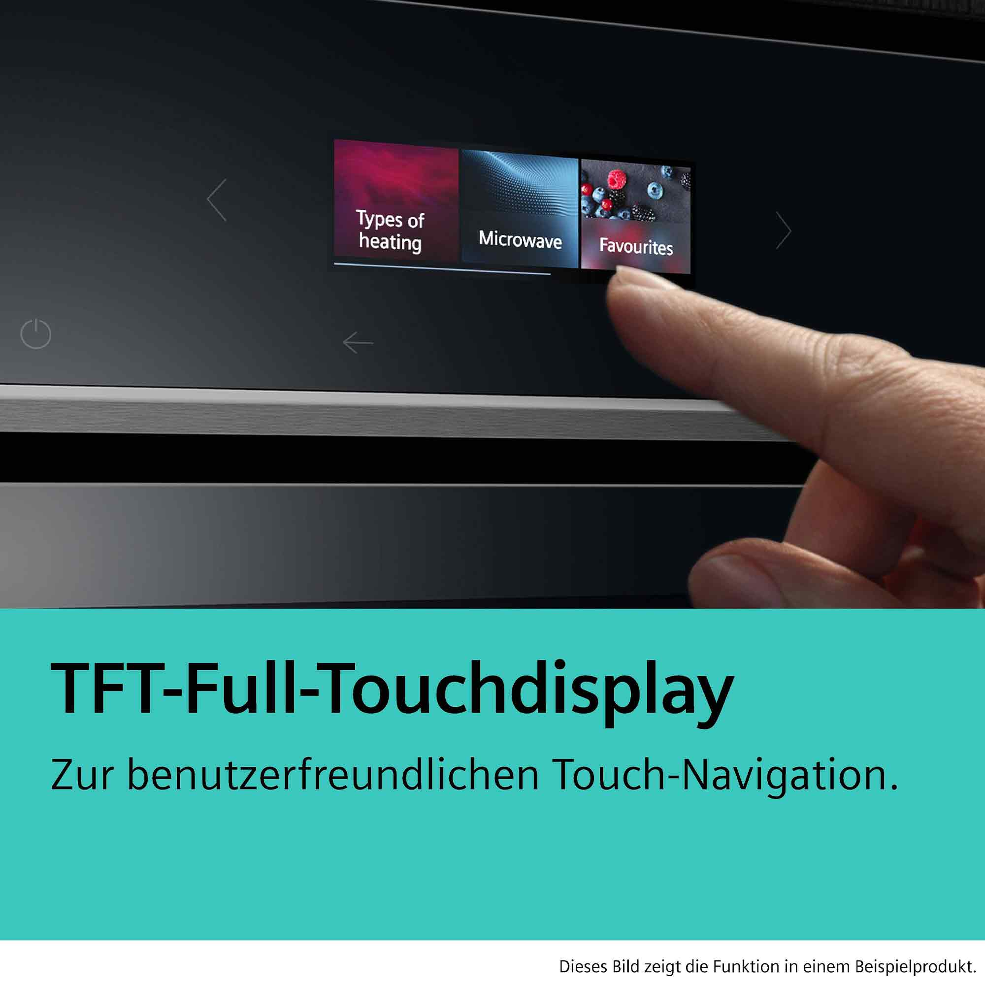 Een vinger tikt een touchscreen aan met menuopties: Verwarmingssoorten, Magnetron en Favorieten.
