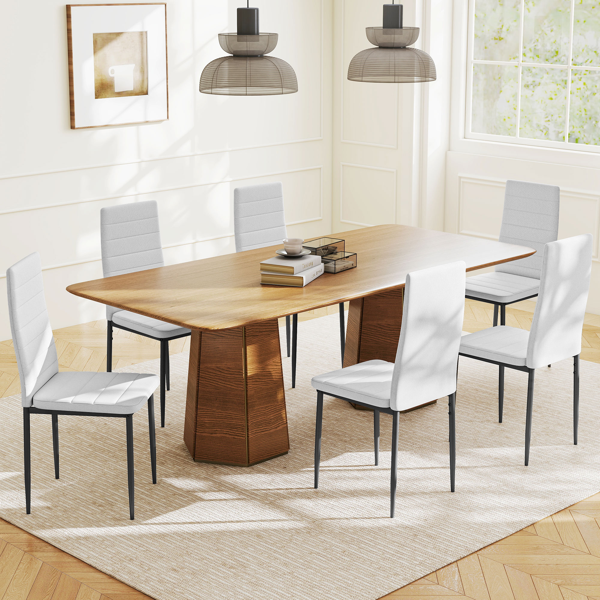 Un comedor moderno con mesa de madera, seis sillas y cuadro enmarcado.