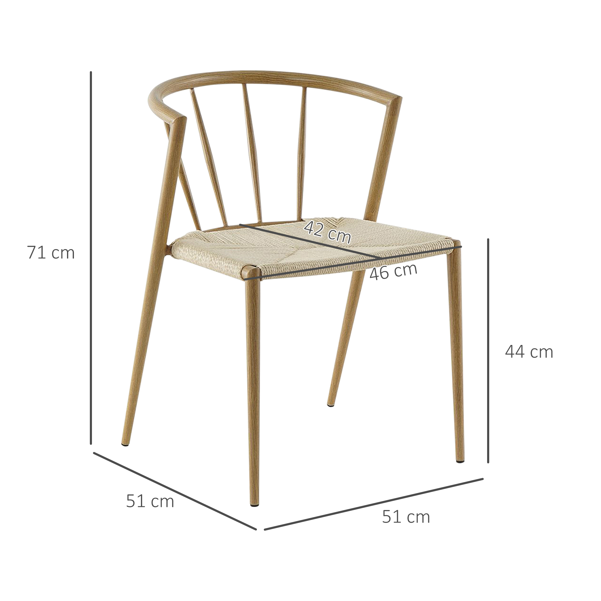 Una silla de madera clara con asiento tejido y medidas.
