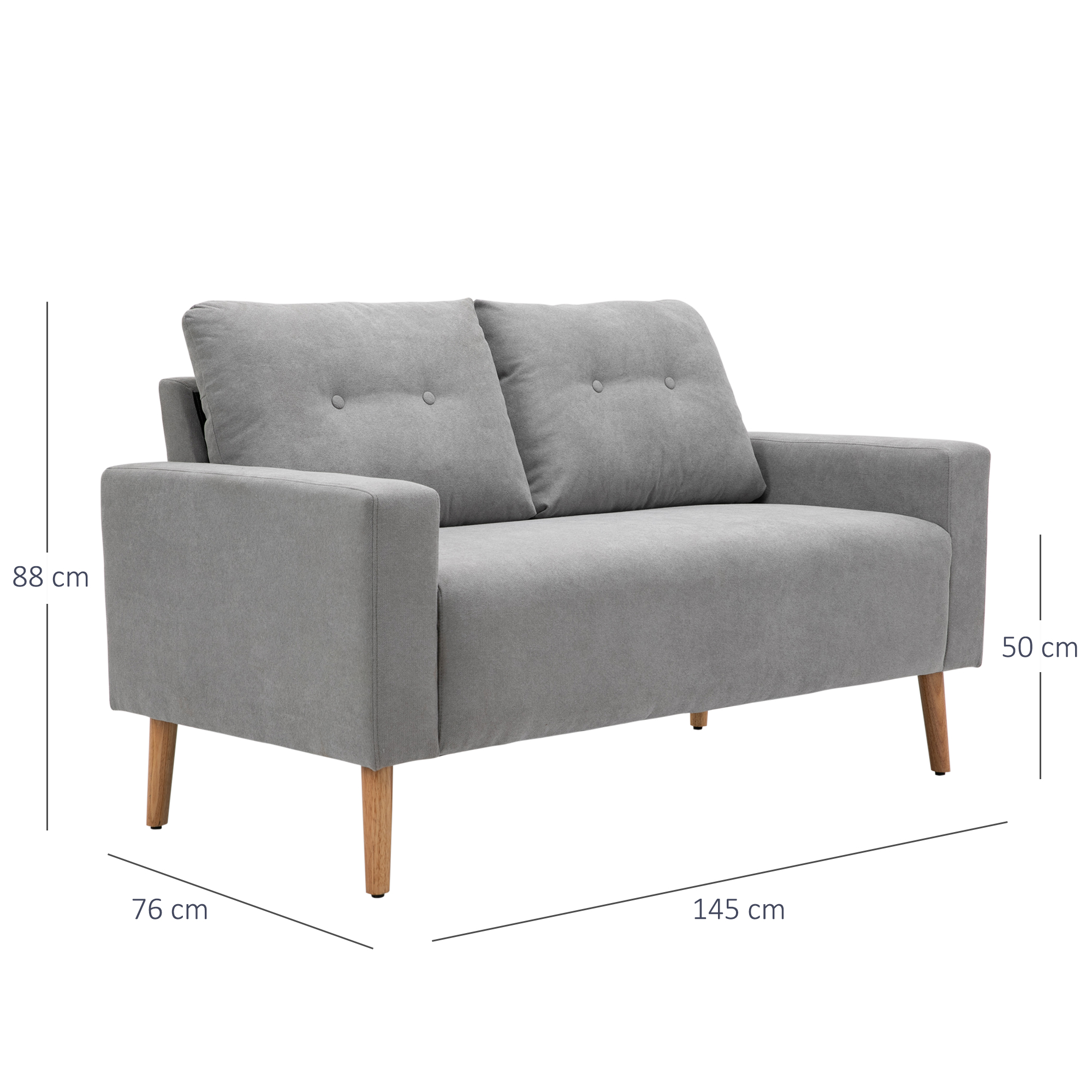 Loveseat de tela gris con respaldo capitoné, patas de madera. Dimensiones: 145x76x88 cm.