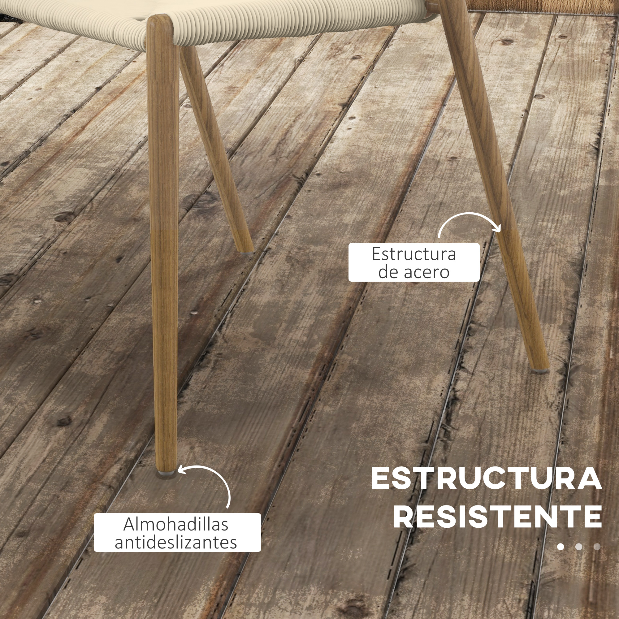 Patas de silla sobre tablones de madera, con etiquetas para estructura de acero y almohadillas antideslizantes.