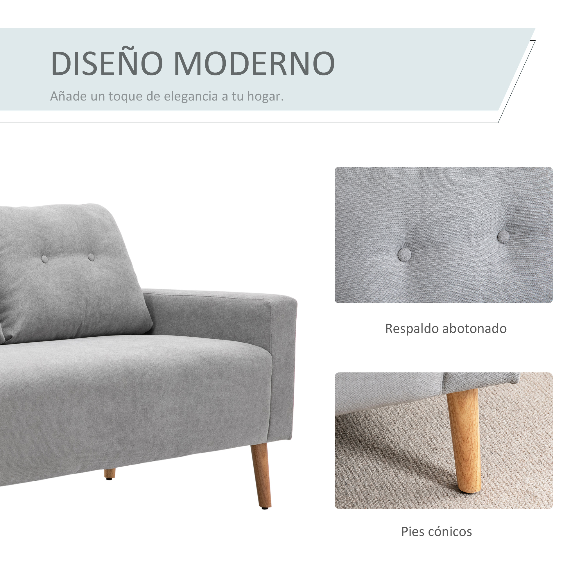 Sofá gris con botones y patas cónicas de madera.