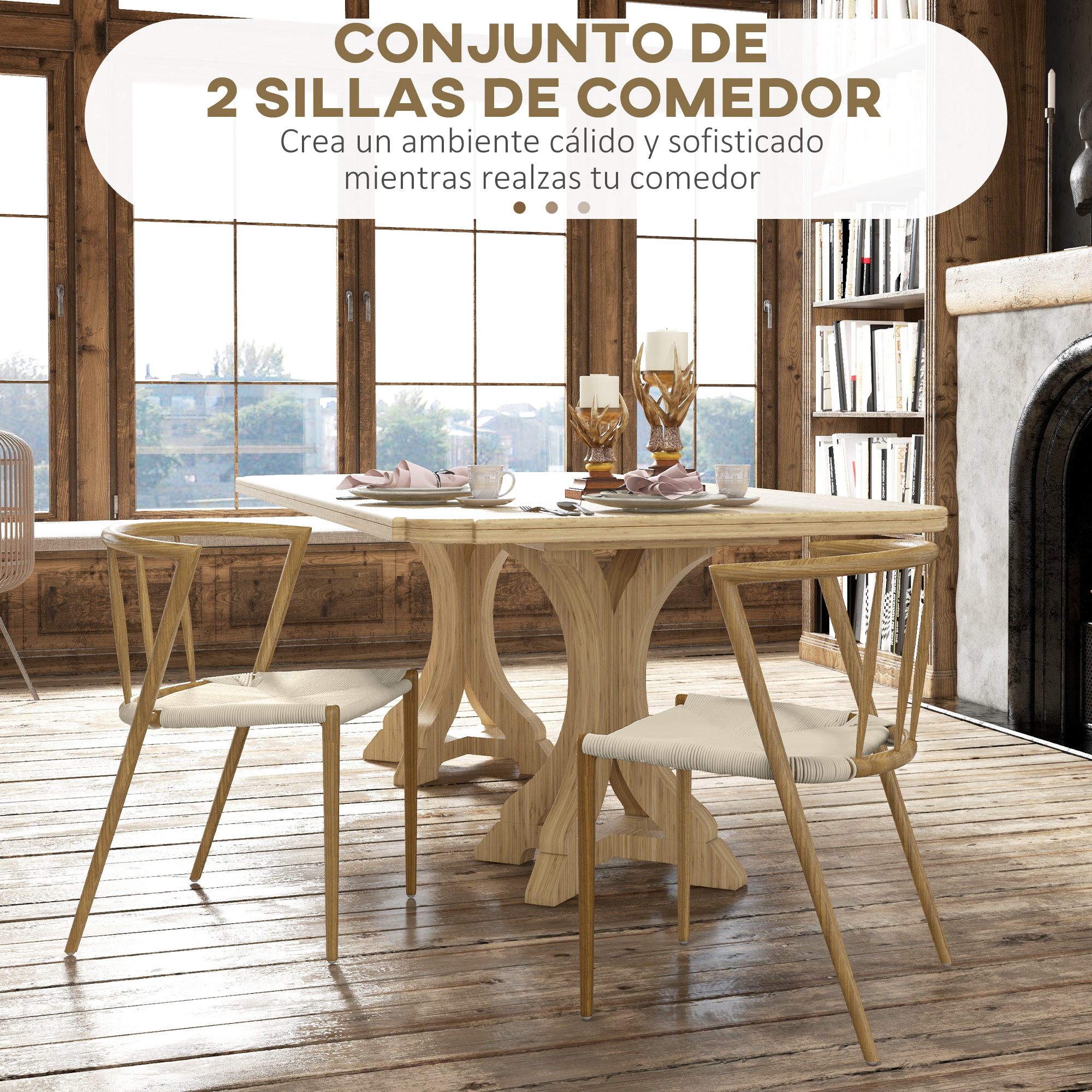 Una mesa de madera con cuatro sillas en un comedor luminoso con chimenea.