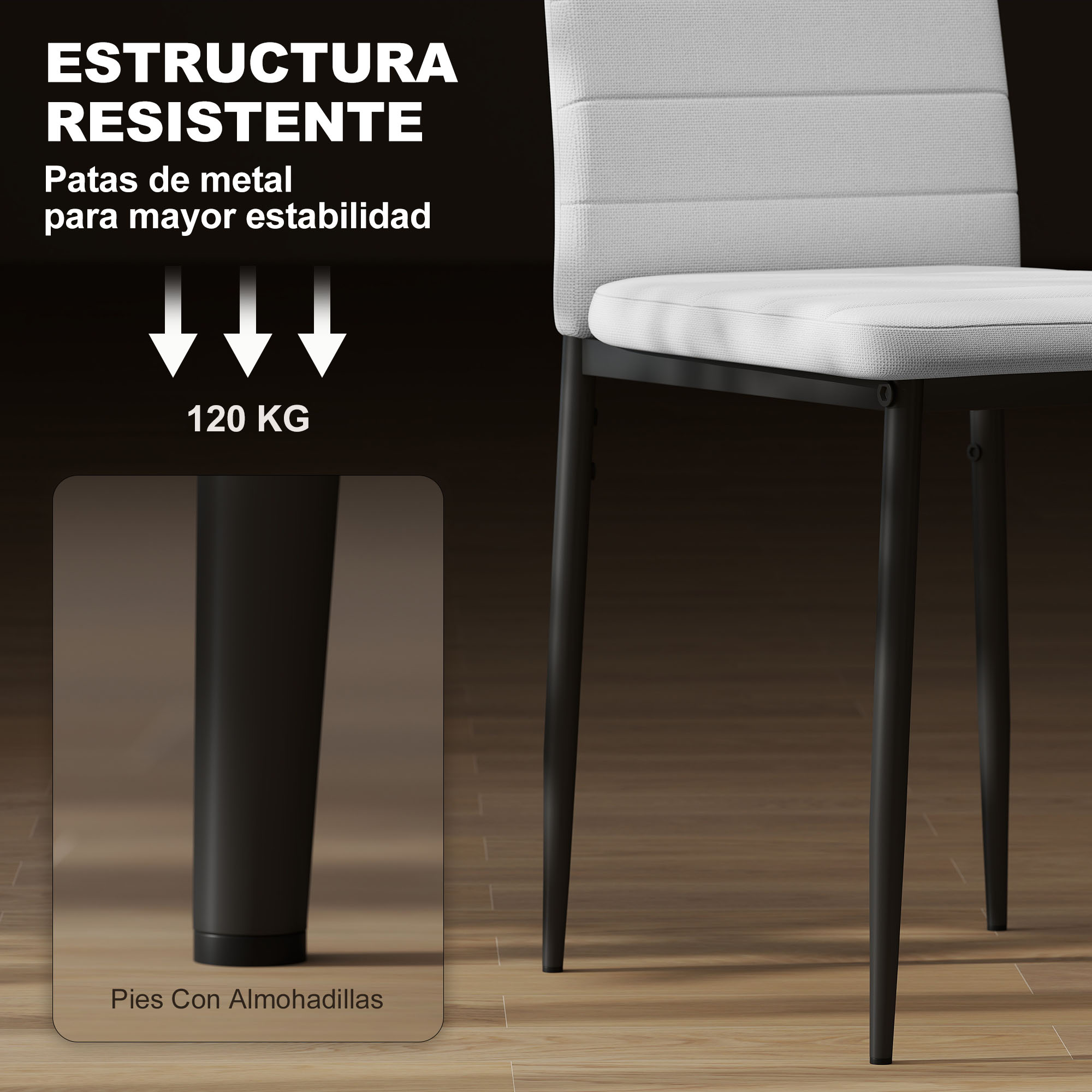 Silla de tela gris con patas de metal negro, soporta hasta 120 kg.