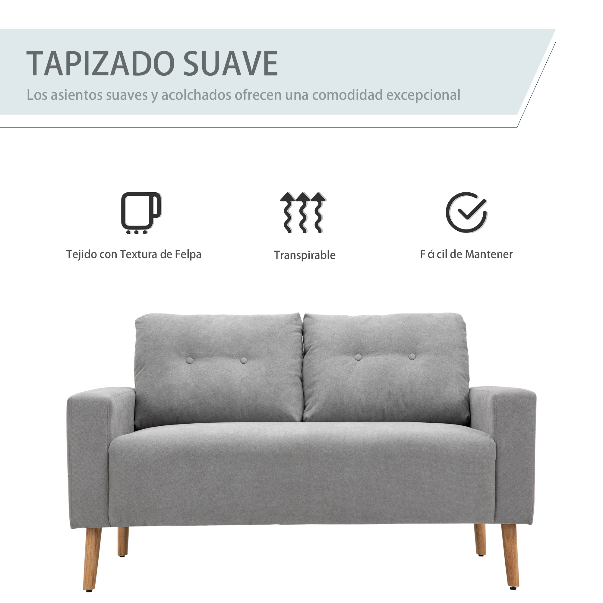 Un sofá gris con dos cojines y patas de madera, con iconos de tela, transpirabilidad y fácil cuidado.