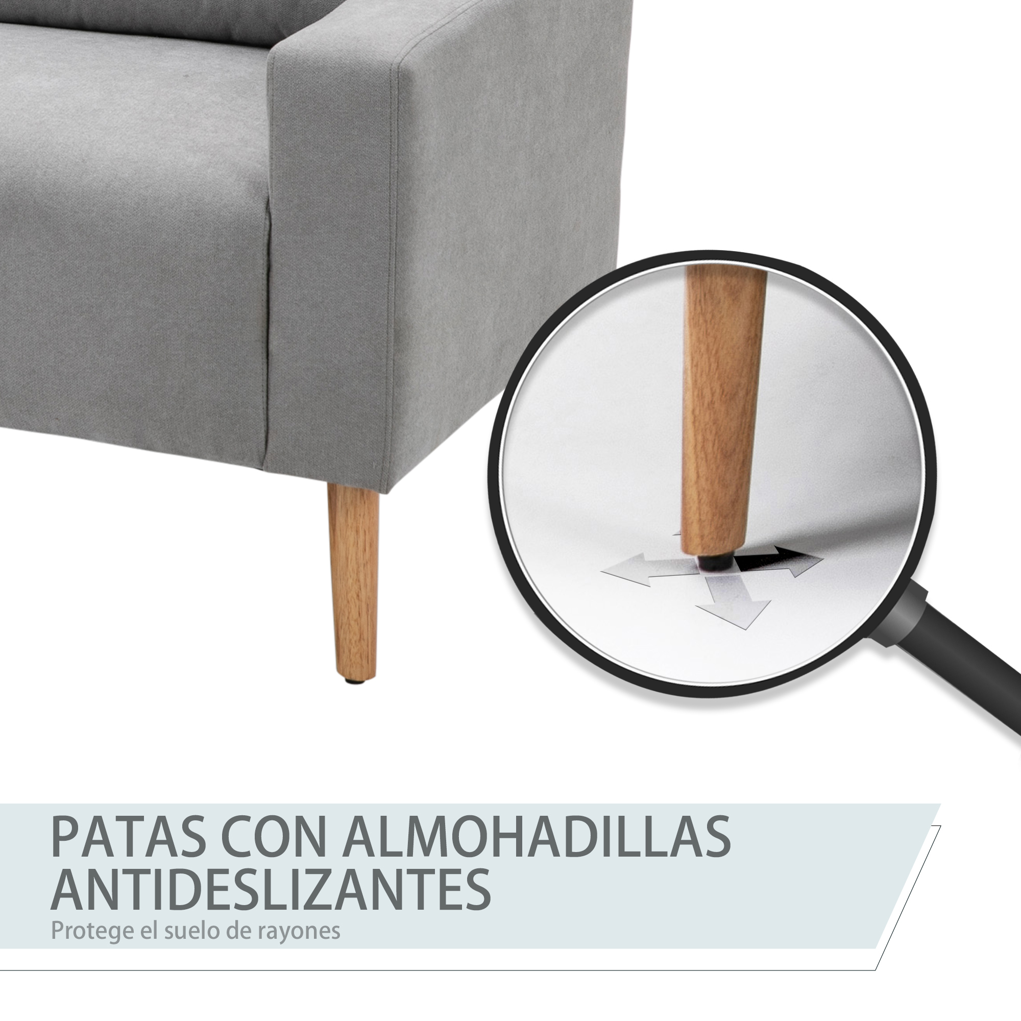 Sillón gris con pata de madera, vista ampliada de base antideslizante.