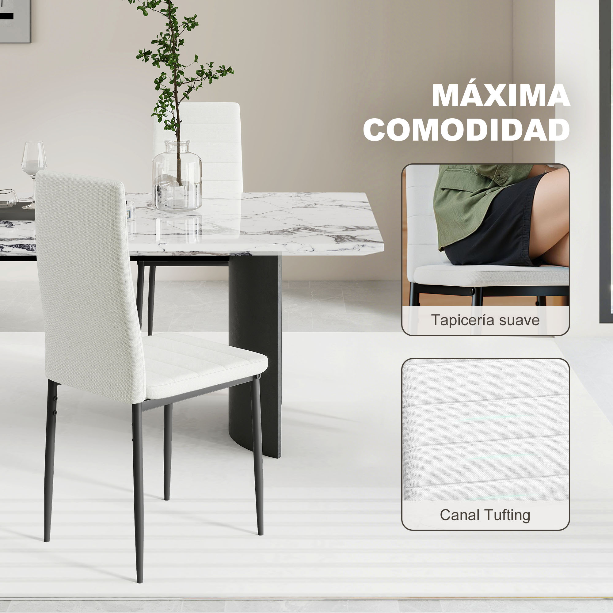 Una silla de comedor clara con estructura de metal negro junto a una mesa de mármol.