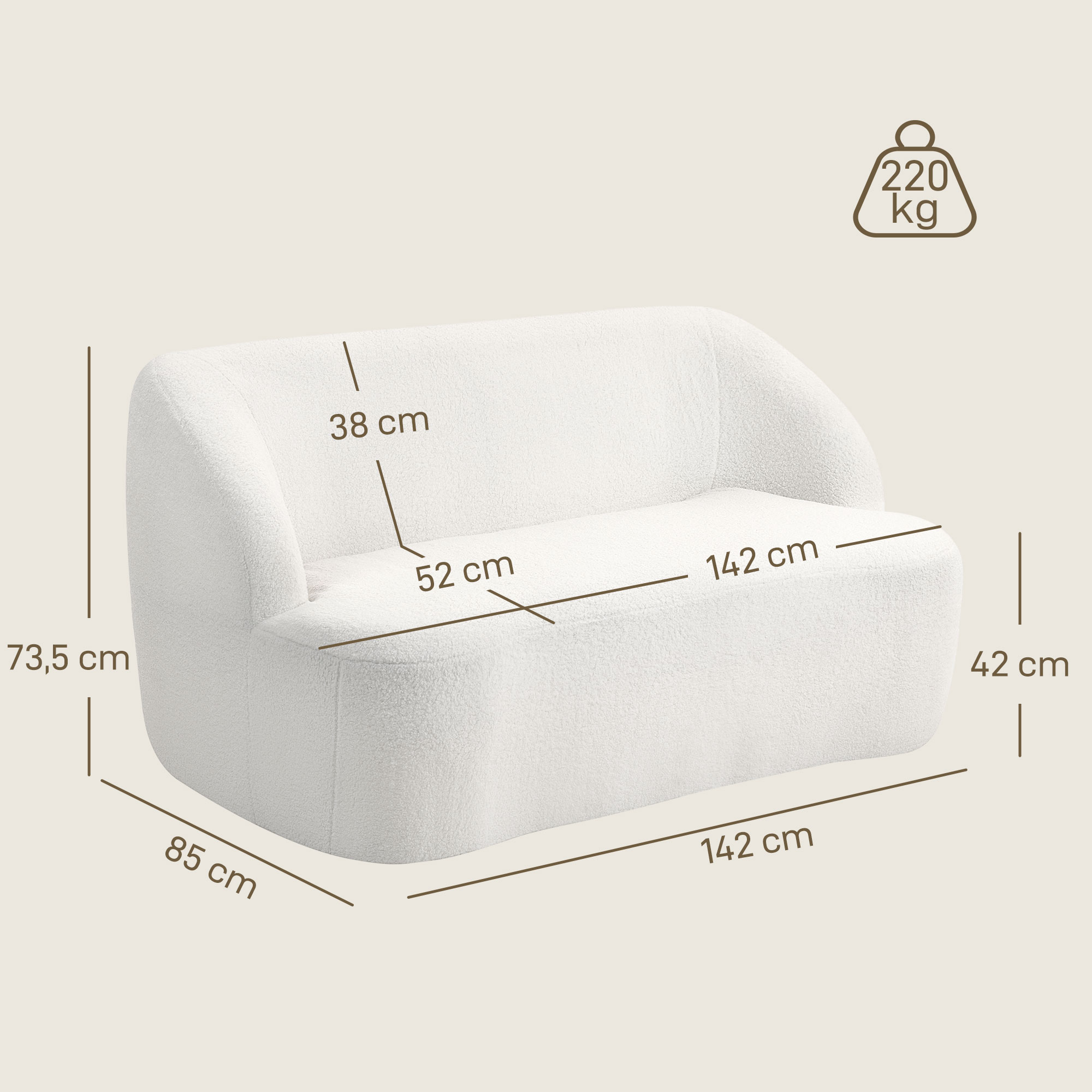 Un sofá blanco de peluche con dimensiones: 142x85x73,5 cm, altura asiento 42 cm.