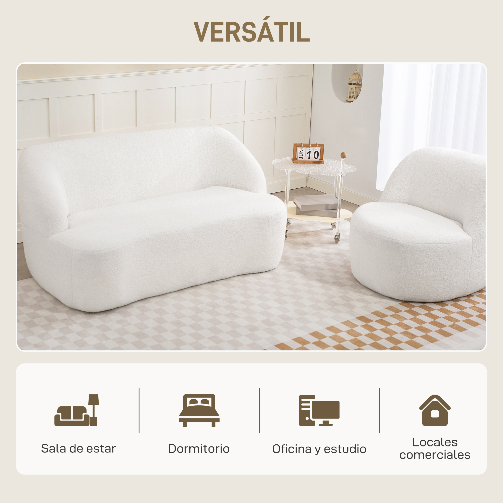 Dos sofás blancos de bouclé y un sillón sobre una alfombra a cuadros.