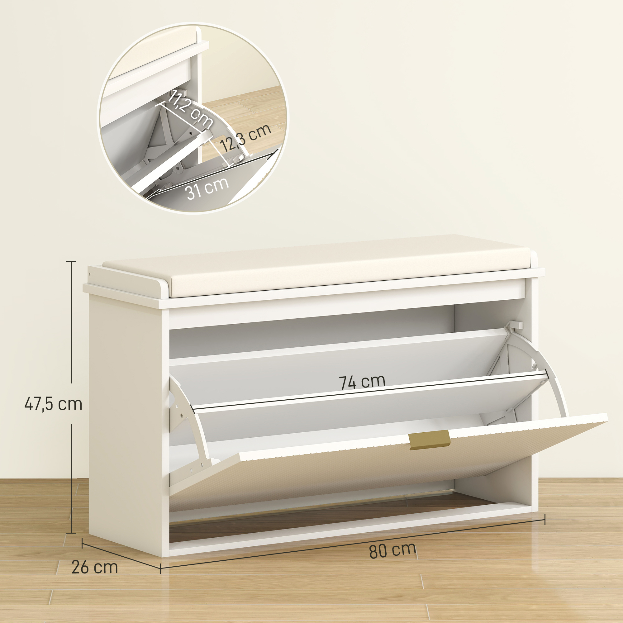 Un zapatero blanco con banco, se muestran las dimensiones.