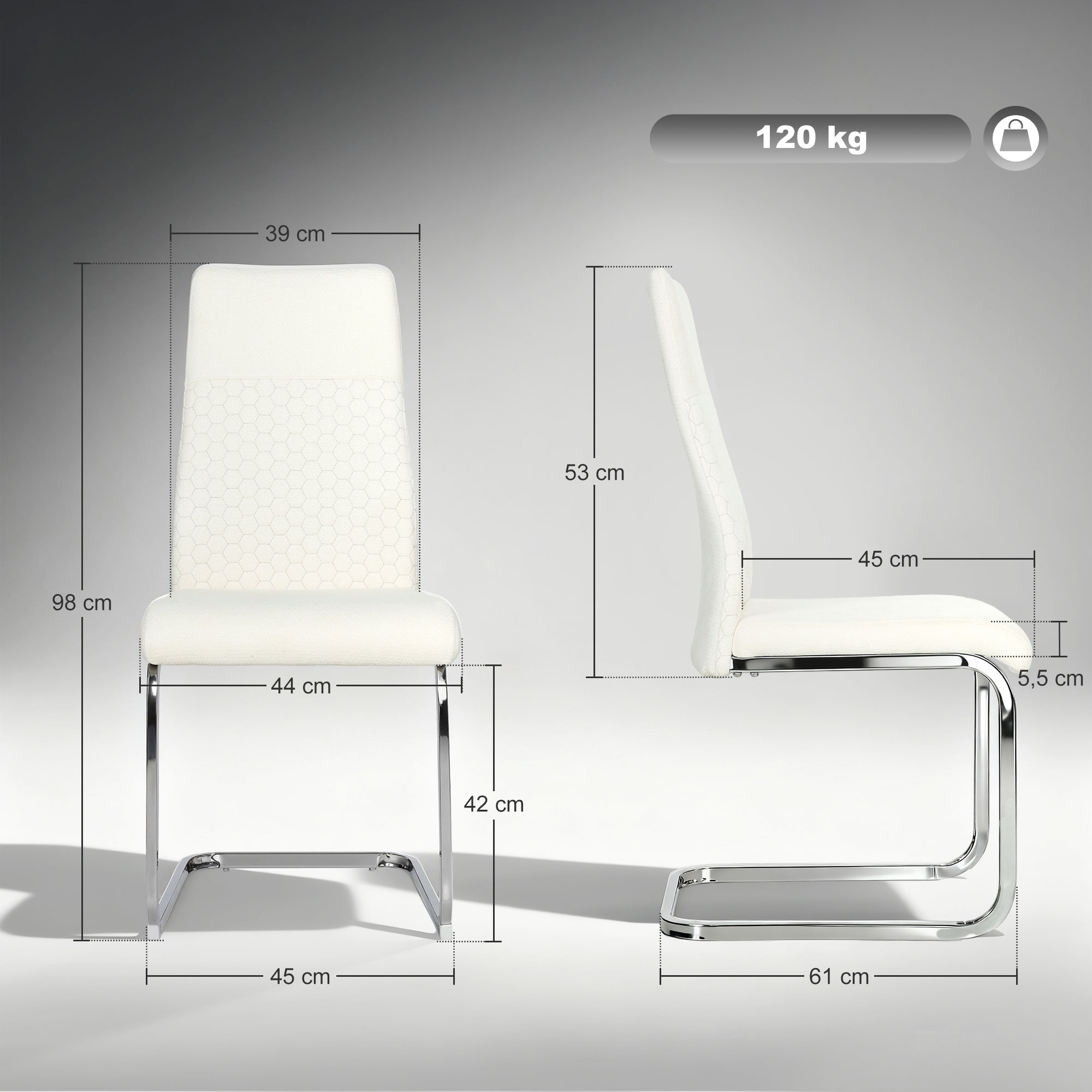 Detalles de silla tapizada blanca con dimensiones y peso máximo 120 kg.