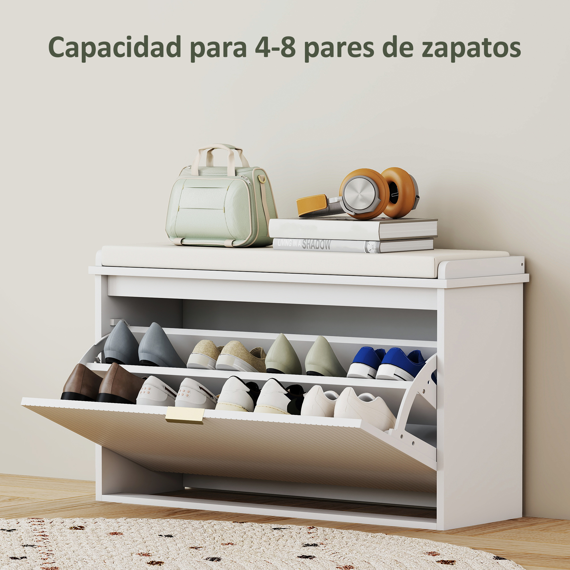 Un zapatero blanco con varios estantes llenos de zapatos.