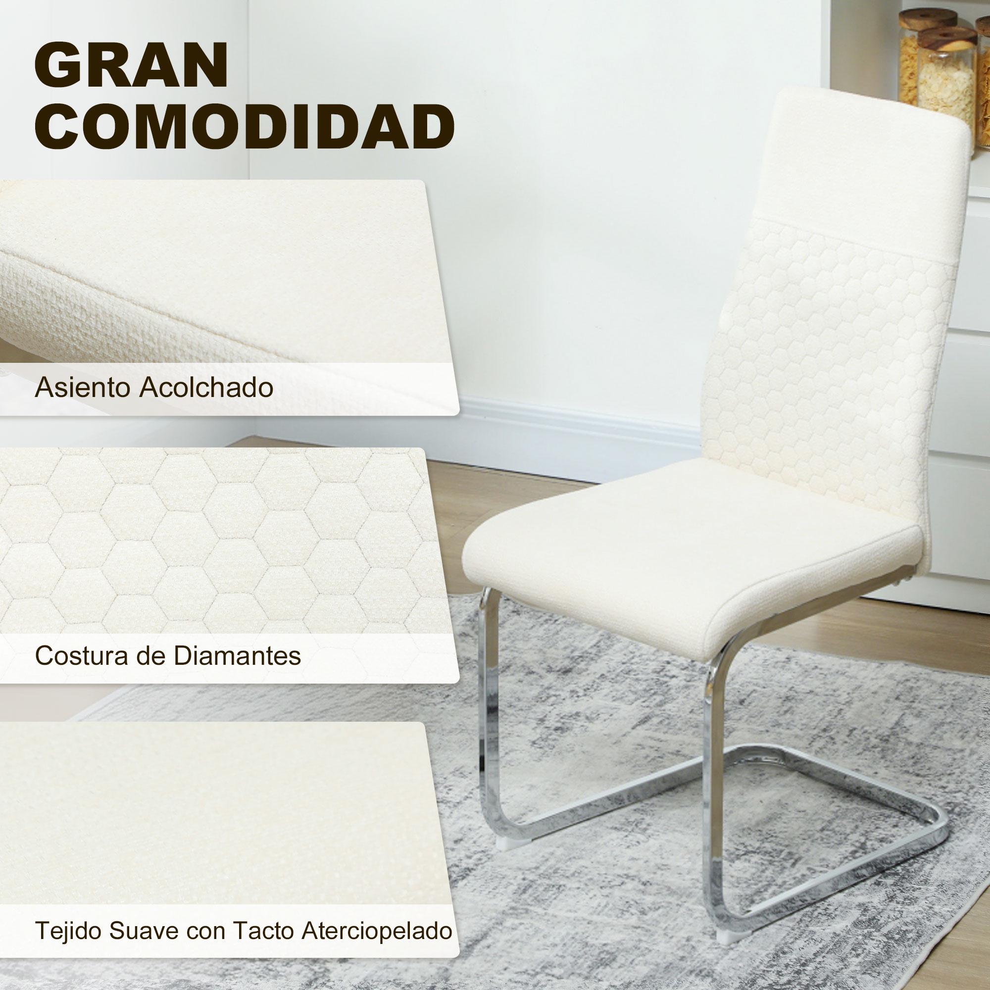 Una silla color crema con asiento acolchado y patrón hexagonal en el respaldo.