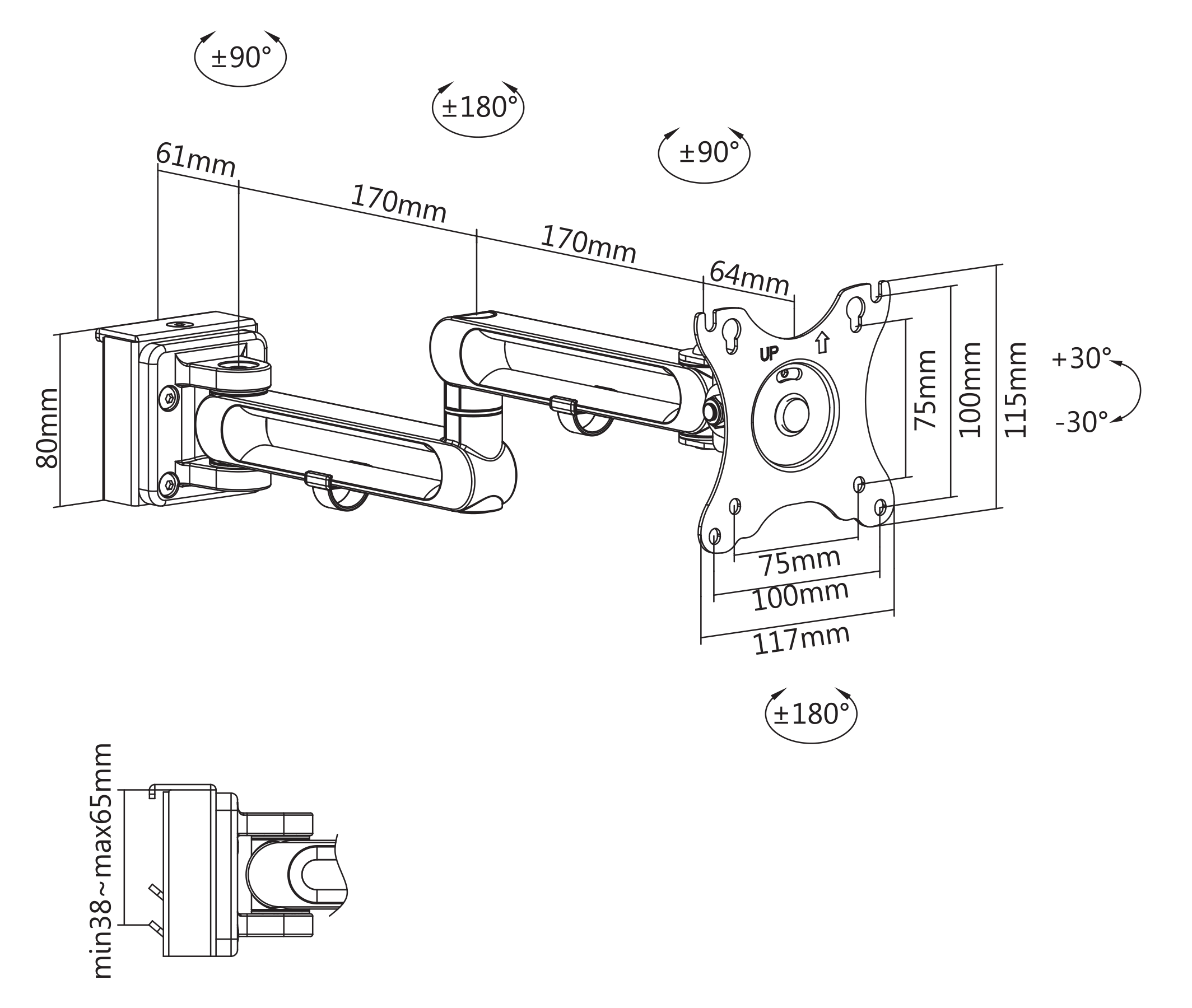 Technische Zeichnung eines Monitorarms mit Maßen und Winkeln.