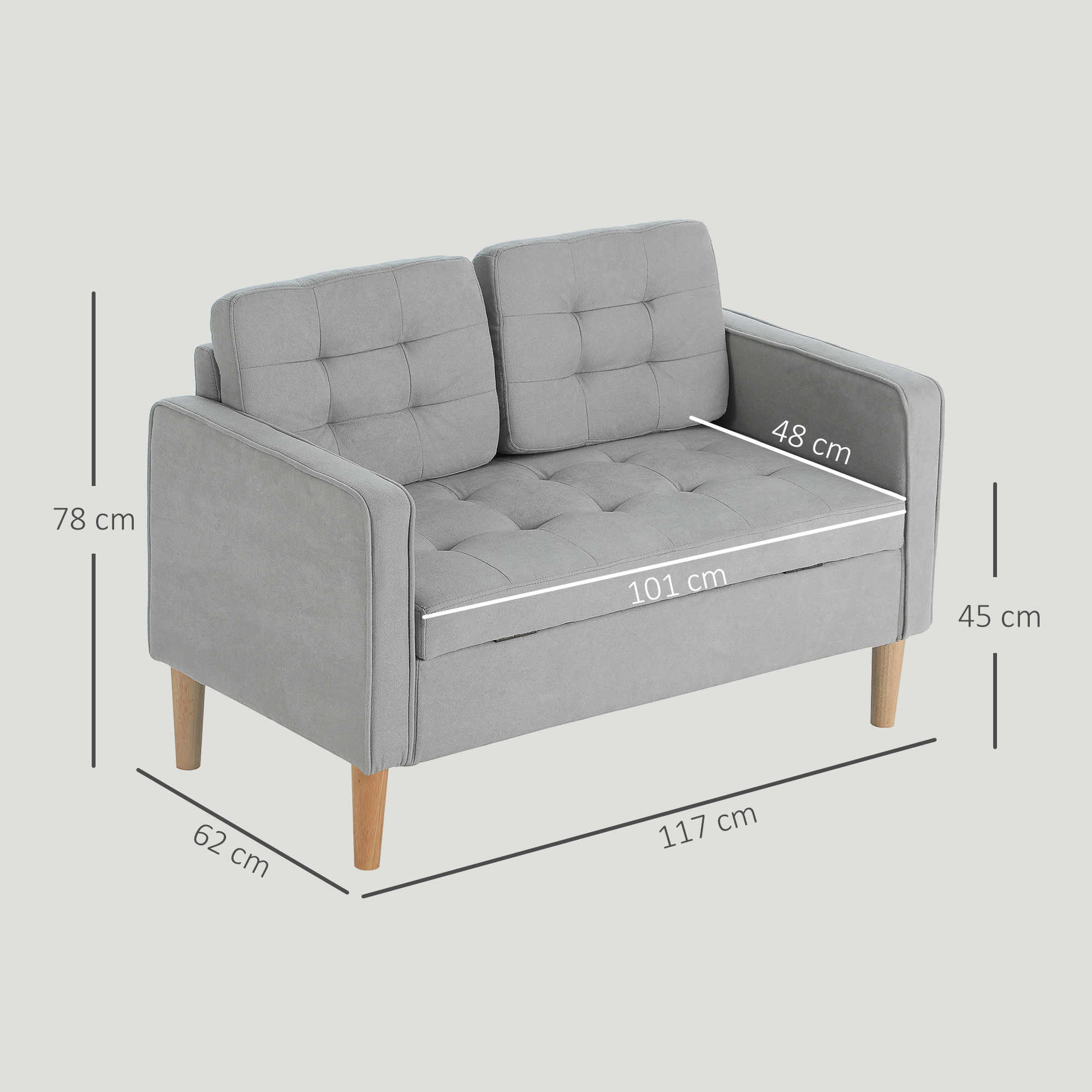 Sofá gris con patas de madera. Dimensiones: 117x62x78cm (LxAnxAl), altura asiento 45cm.