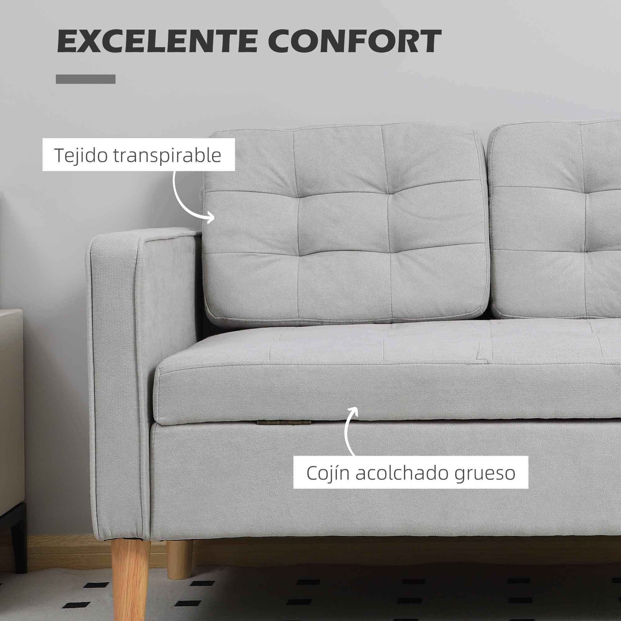 Sofá gris con cojines acolchados y patas de madera. Tejido transpirable.
